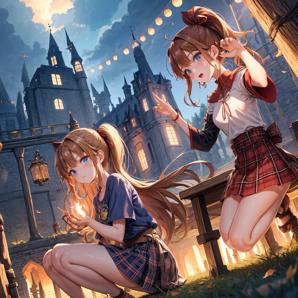 reddish-brown blonde、blue hair、blue eyes、ponytail、one good looking girl、solo、anime、Plaid miniskirt、camisole、squatting down、black t-shirt、Tilting your face、Doing the ribbon、Ribbon at waist、sunset sky、broken stone steps、Remains、tunnel、Fallen leaves、Light and shadow、monster castle、One leg is raised、castle floating in the air、column、Jewelry box、flag、sparks fall、forest、Hand mirror、bondage、tall grass grows、cloak、circular cobblestone、the ground is cracked、aquarium、Vortex of Light、looking down、Fairies are flying