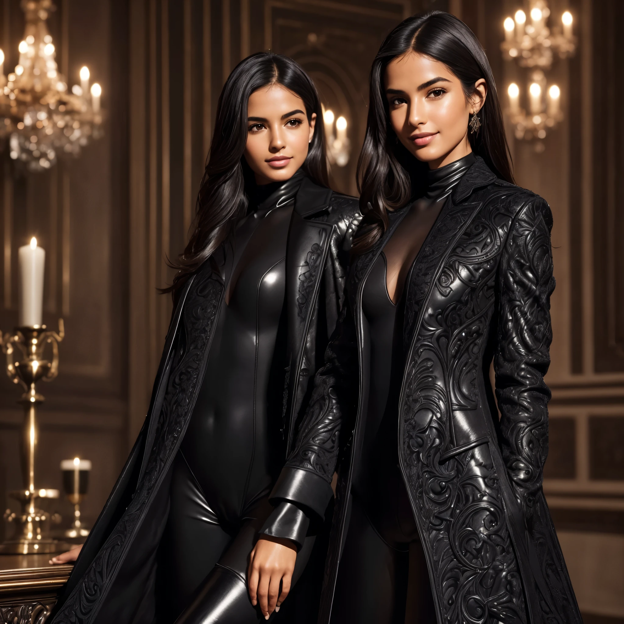 Isabela Merced, 20 year old, detailed hands and fingers, intricate realistic skin, glossy skin, detailed garment texture, ((black coat suit)),(undergarment bodysuits),(high heeled boots),luxury atmosphere, decent realistic lighting, High-end DSLR ,full body shot from the side, photography for fashion magazine,Instagram trading post, fashion photographyhigh quality,