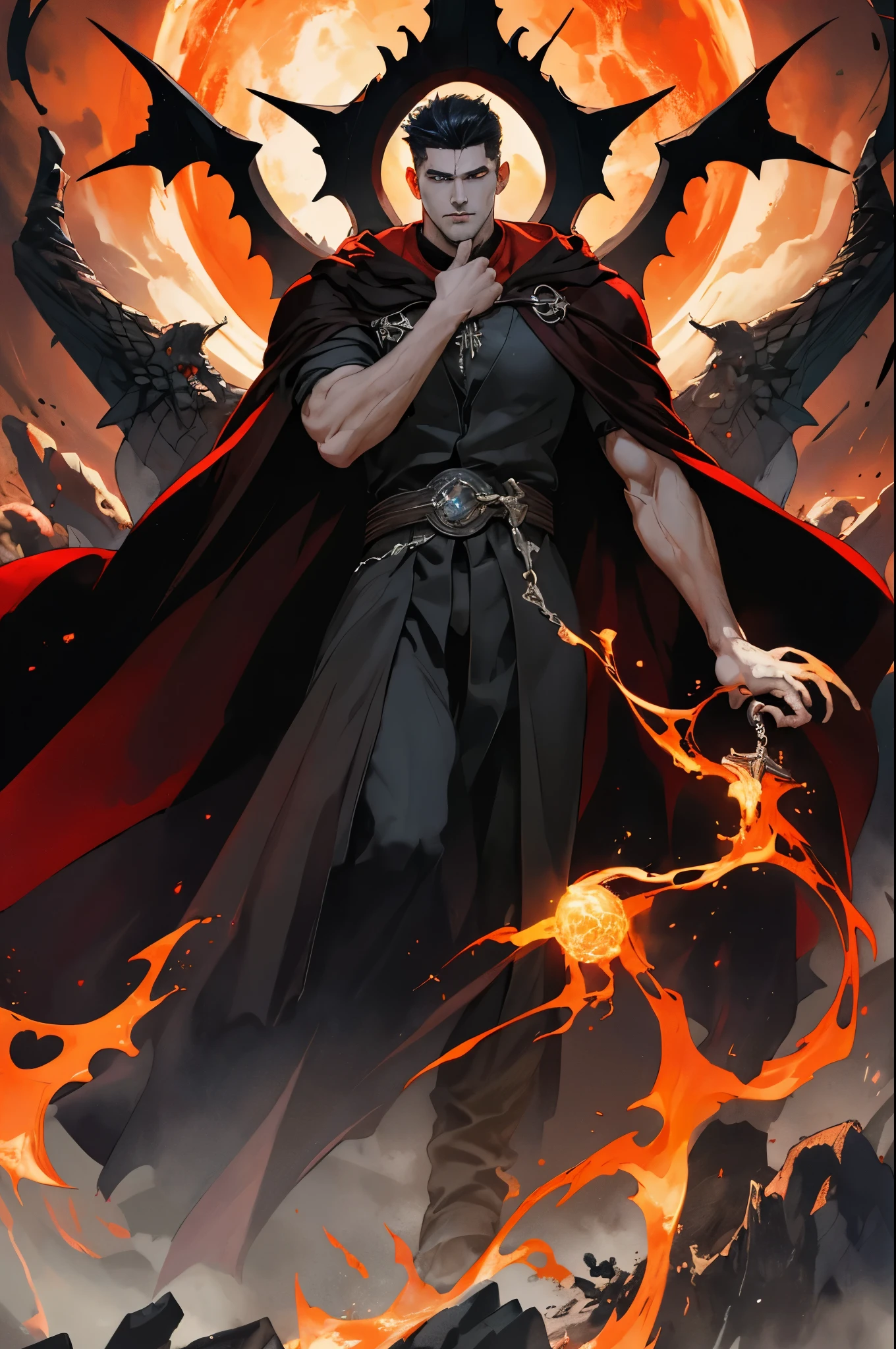 (absurdres, highres, ultra detailed), 1 male, mature, aged up, handsome, tall muscular guy, broad shoulders, very short hair, undercut, aquamarine eyes, finely detailed eyes and detailed face, extremely detailed CG unity 8k wallpaper, intricate details, (style-swirlmagic:0.8), portrait, looking at viewer, solo, (full body:0.6), dynamic pose, detailed background, madness in eyes, hovering in the air, necromancer, evil to the core, red clouds, casting a spell, fireball, hooded dark robe, dark circlet, underworld, warhammer theme, bringer of the false light, dark clouds, floating pieces of dirt, decadence, evil energy emanating, dark aura, broken shackles, , cowboy shot