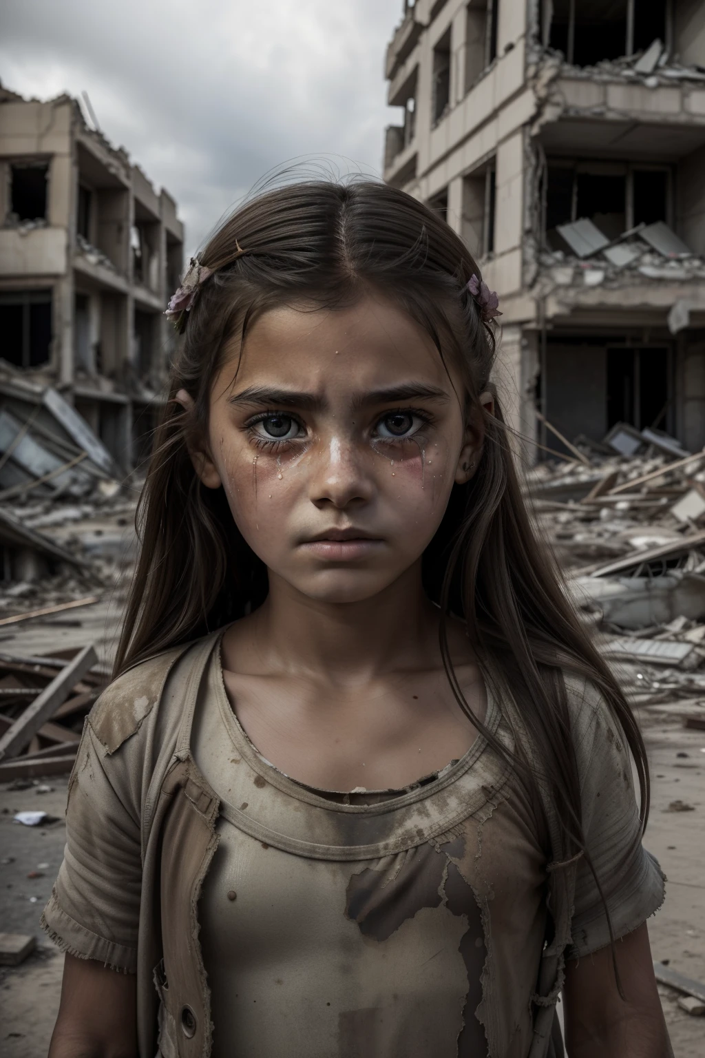 (RAW style, masterpiece, best quality, ultra-detailed), young girl, , amongst war devastation, ruined buildings, profound sadness, large eyes filled with tears, long brown hair, natural beauty contrast, tragic scene, innocent carrying burdens, resilience, inner strength, statement:

The image captures the poignant facial expression of a thirteold girl,ndingidst the chaotic wreckage of war. The destruction of buildings around her reflects the brutal conflicts that have ravaged the region. Her large, expressive eyes, teeming with deep sadness and shimmering with tears, symbolize the wounds of loss and tragedy. Her long,
