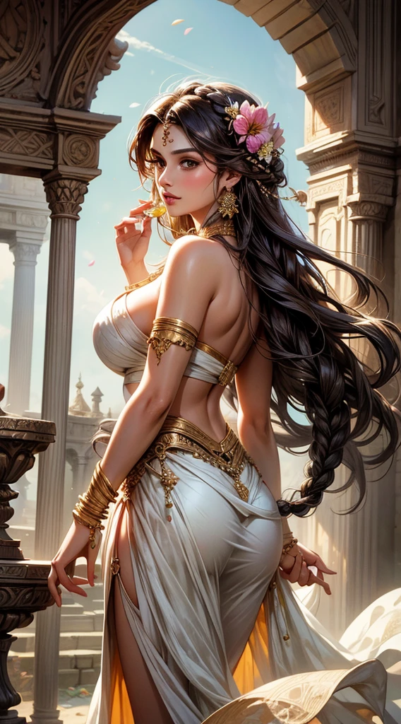Huma Qureshi, young, beautiful, large breasts, sitting in a ancient ruins, wearing a crumpled strapless bra and a transparent dhoti, picking flowers, smiling, wearing floral ornaments, flower in hair, long dark brown braided hair, detailed, photorealistic artwork by Louis Royo, by Boris Vallejo, by Frank Frazetta, focus on her ass, her ass is rich volumptos and swueezy, back view