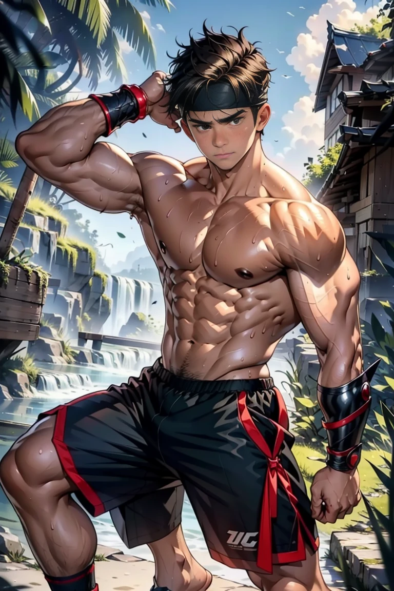 (Masterpiece, Best quality, 18 year old boy, 8k, ultra-detailed), (soulful eyes), (1 boy, solo), Young, (teenager), (Dark Short straight hair, under cut, brown eyes), Shirtless, topless, (Red headband, black shorts, black boot sandals, ((gauntlet))), (Depth of field:1.2), (Abs, chest, upper arms), (topless male), man with martial arts stance, athretic body, sweat, epic action pose