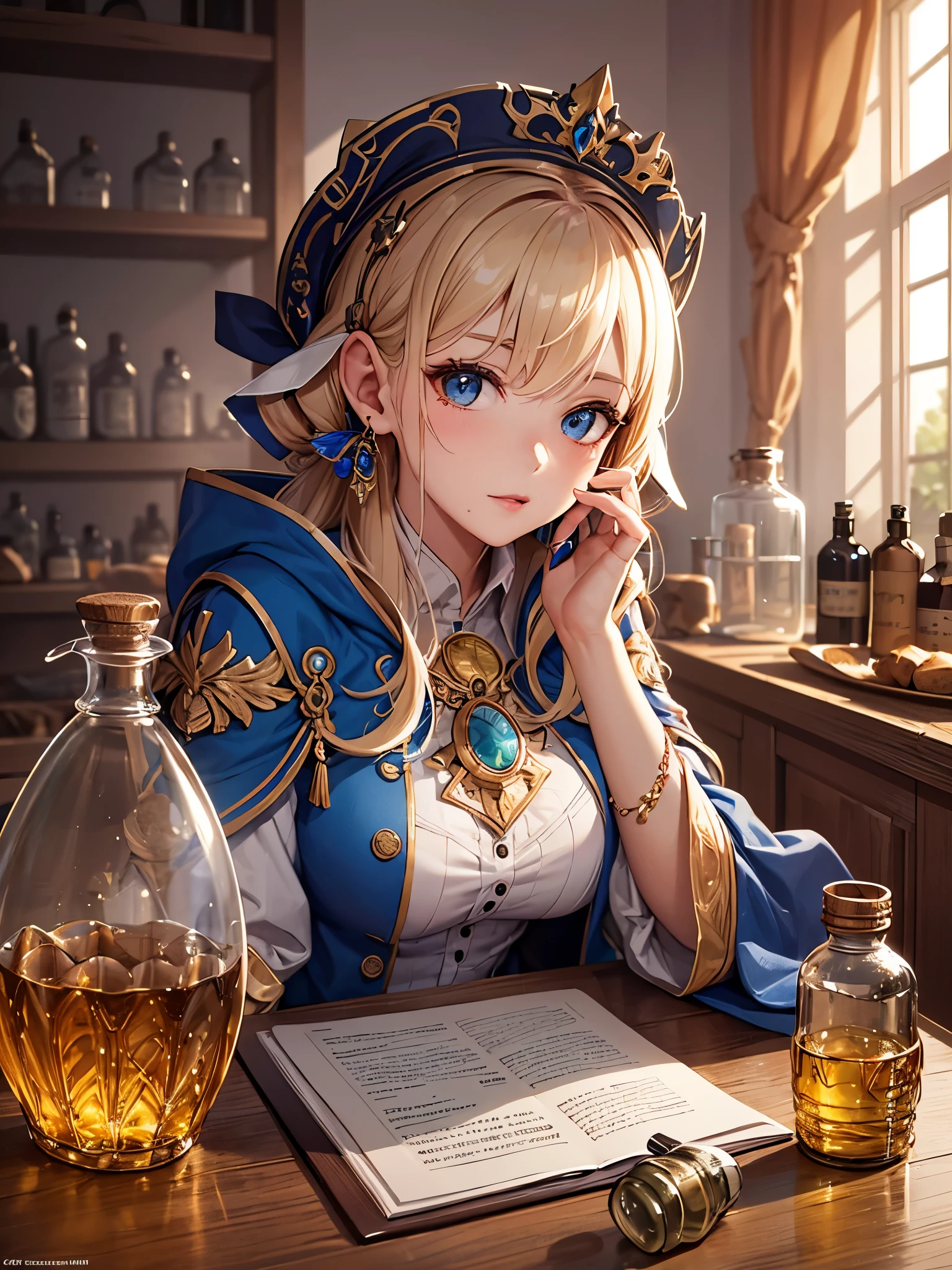 ((highest quality)),(ultra high resolution),(Super detailed),(detailed description),((best CG)),(best work of art),super precision art,great drawing art,(Fantasy art with precise details:1.5), (1 female alchemist:1.5)Female Alchemist:1.3,Intricately detailed robe:1.4,Beautiful face 1.5,natural makeup:1.6,troubled face:1.4, she is in the laboratory:1.5,Experimental tools scattered on the desk:1.5,((Mysterious phenomenon in a bottle:1.6))