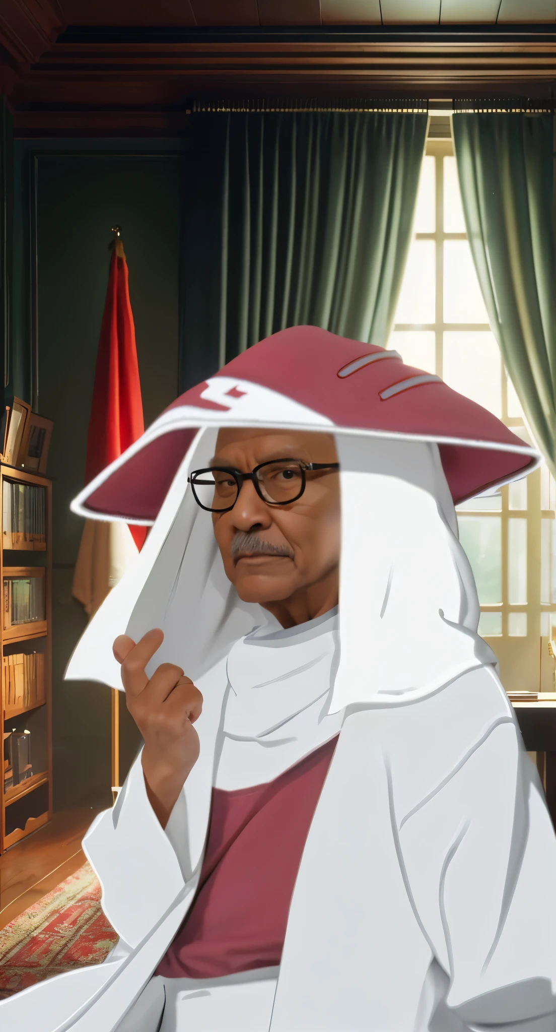 Real life adaption of this character, old man,wear realistic same outfit, wear same glasses, realistic same background,realism, hyper realistic, realistic light, realistic shadow,(photorealistic 1:2)