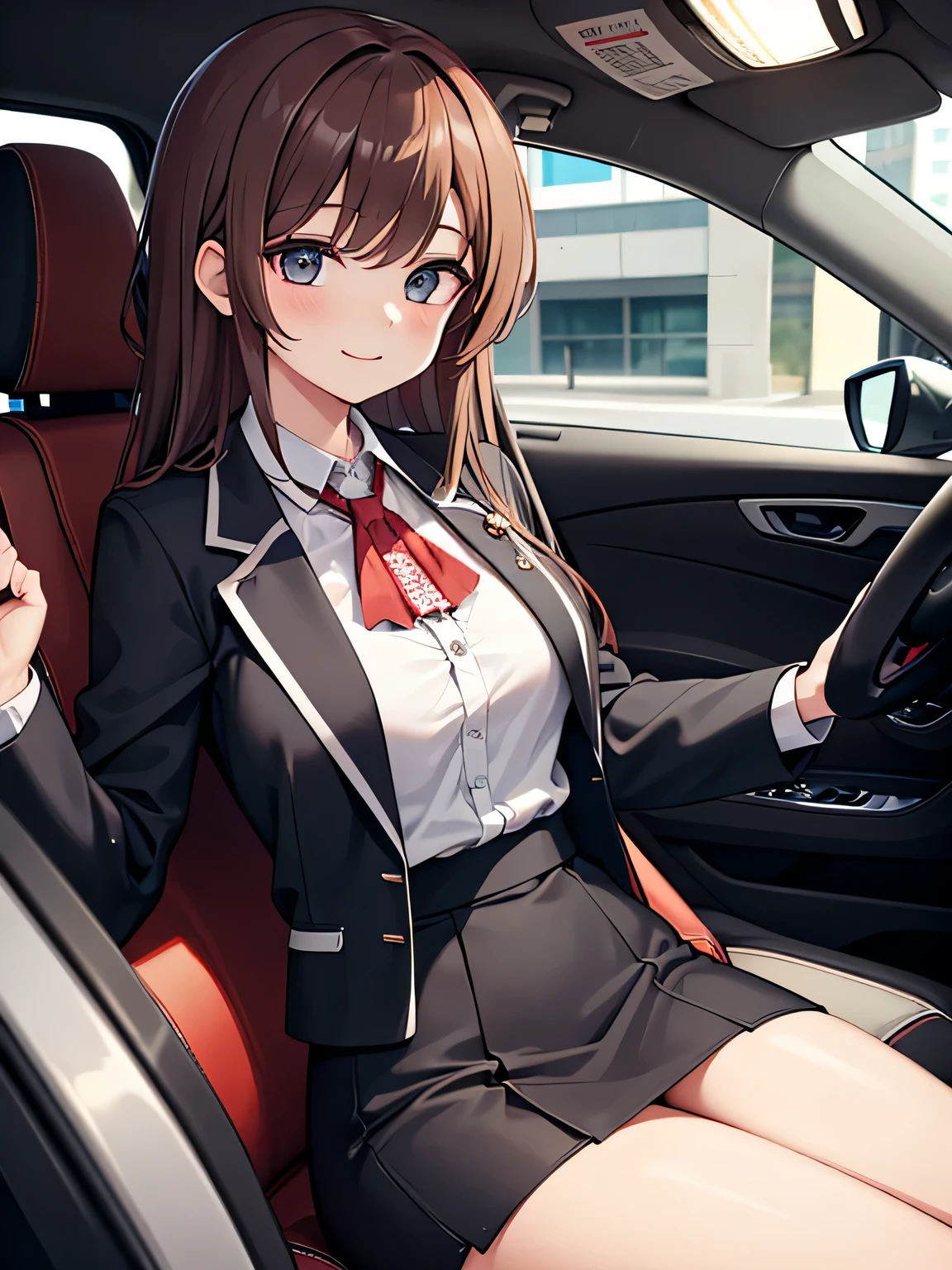 (1) A woman is about to get out of the driver&#39;s seat of a luxury sports car.. from a sitting position, she opens the door and puts one foot out. when she does, her red panties are almost visible.
(2) That woman has long brown hair..
(3) That woman is the president of the company、wearing expensive clothes。, A fancy skirt and jacket set-up suit with a frilled shirt as an inner layer..
(4) she is smiling.
(5) The location is an underground parking lot of a luxury condominium..