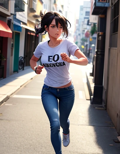 Una mujer corriendo por una calle a media luz . Ella viste jeans y un chaleco gris.