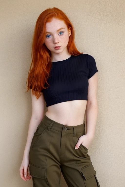 half body photo of a cute 20yo cute ginger girl, redhead, (looking shy:1.3), freckles, detailed face, detailed skin, (ribbed knit crop top with cargo pants and chunky sneakers), beautiful body, large round blue eyes, black eyeliner, sensual lips, suggestive pose