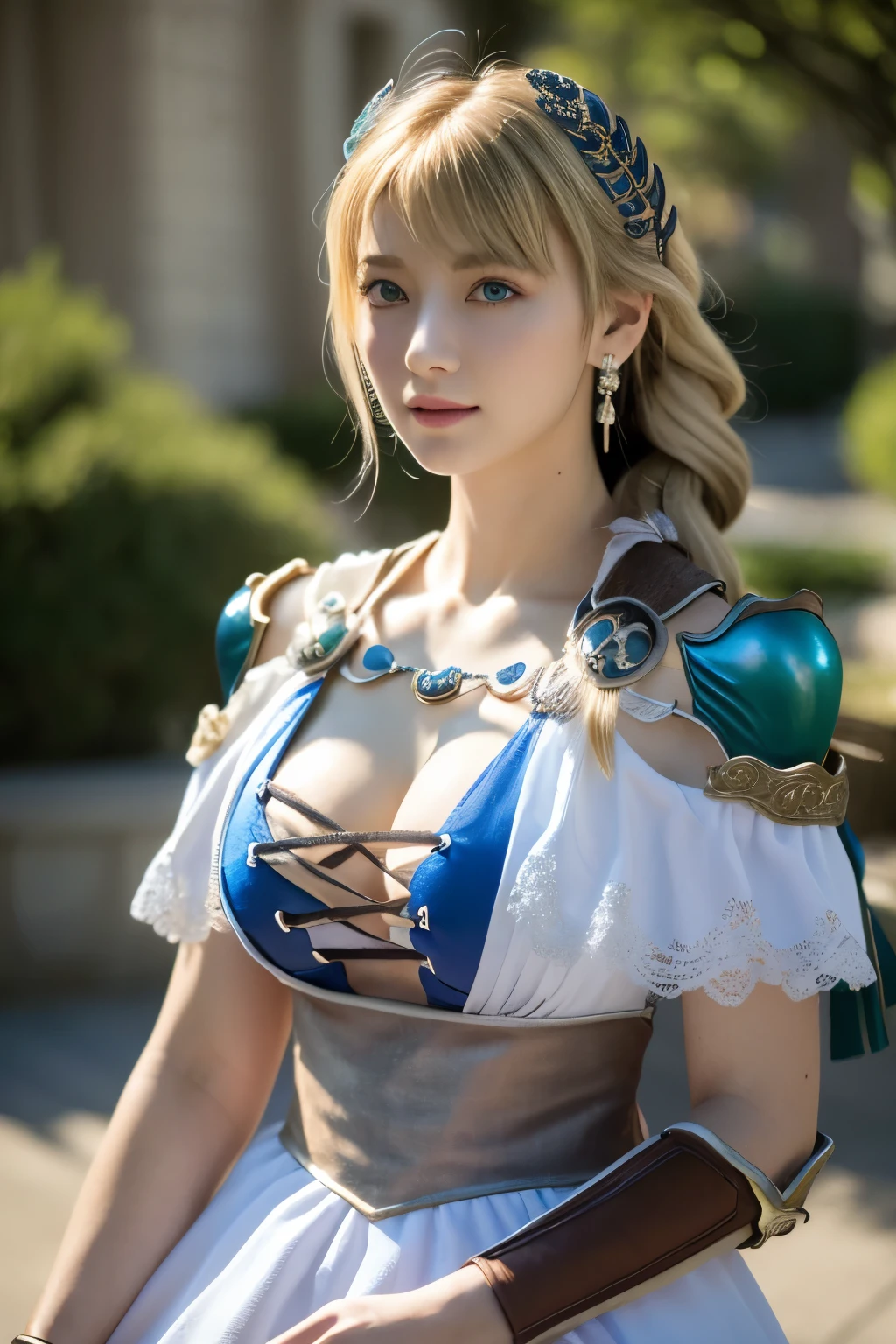 (masterpiece:1.4),(highest quality:1.4),(disorganized:1.4),pin up,	>,sophitia_armor_iwife	sophitia_armor_iwife,blonde_hair,green_eye,cleavage,length_hair,armor,big_chest,arms,Braid,Thighhighs,single_Braid,hair_ornament,lips,shoulder_armor,hair_ribbon,armored_dress,jewelry,low-tied_length_hair,shoulder_Pads,earrings,black_leg wear,前hair,green_ribbon,No sleeve,corset,bracelet,		(disorganized, High resolution, Unbelievably_disorganized:1.4),scenery,masterpiece,masterpiece、1 beautiful girl、Upper body,close up face,細かいeye、腫れぼったいeye、highest quality, 超High resolution, (reality: 1.4), movie lighting、super beautiful、beautiful skin、(超reality的な)、(High resolution)、(8K)、(very detailed)、(美しく細かいeye)、(Super detailed)、 detailed face、bright lighting、professional lighting