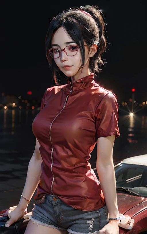 1girl, sarada uchiha in anime boruto, short hair, black hair, red eyes, smile, beautiful, sexy dress, sexy clothes, red clothes, wear red glasses, very big breast, realistic clothes, detail clothes, outdoor background, ultra detail, realistic photo :4K delicate facial features, 18 year old girl, Uchiha Sarada, anime character transformed into a realistic character, with detailed, beautiful and cute face, red filtered eyes, black hair, short hairstyle, bangs sweeping to the left, wearing a ninja head tie from konoha , expression
thin sweet smile, thin cheeks, sharp chin, red glasses, tentom shirt design, livis shorts, perfect model, large/medium breasts, free style, high resolution, detailed illustrations, very realistic background, white glowing skin, very detailed face perfect