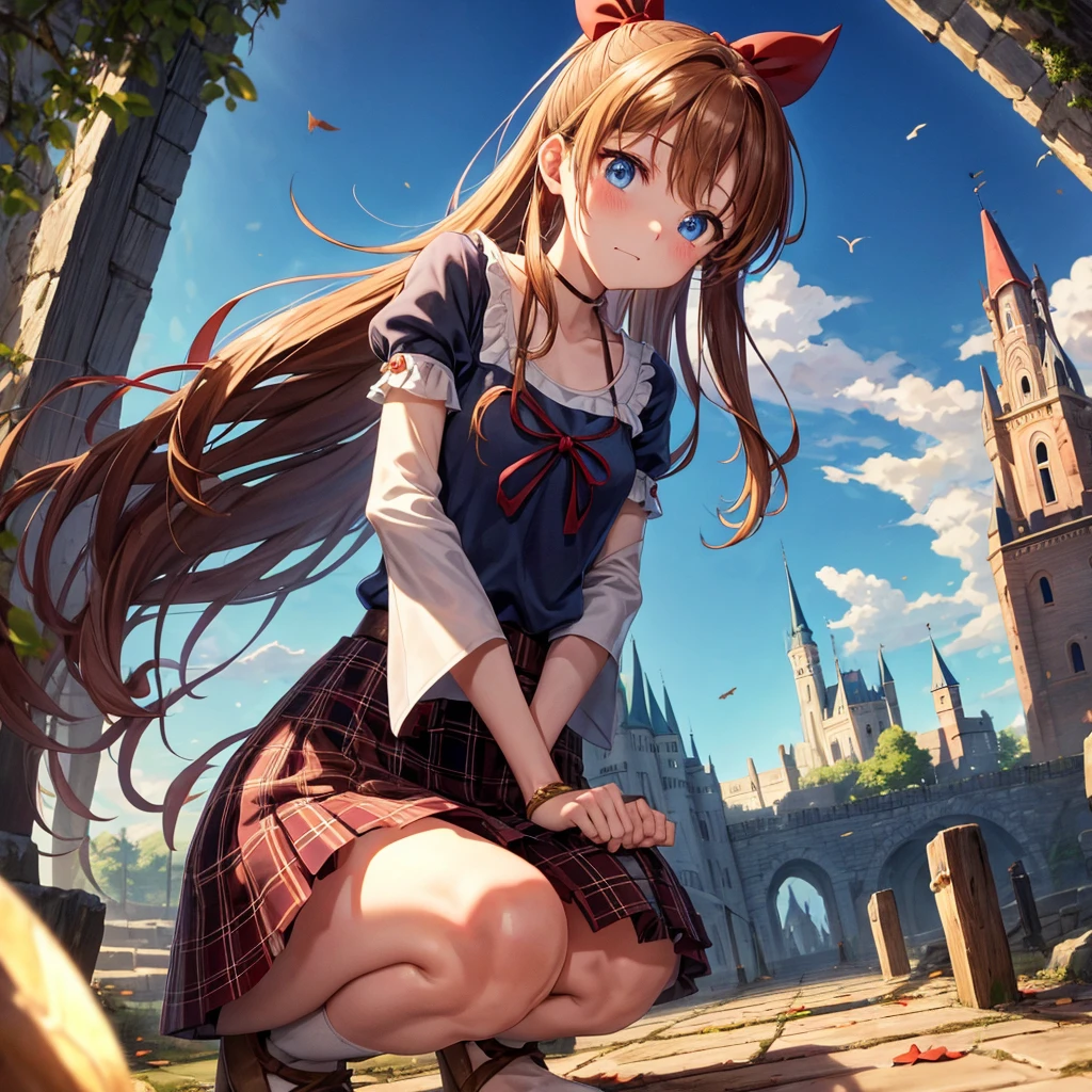 reddish-brown blonde、blue hair、blue eyes、ponytail、one good looking girl、solo、anime、Plaid miniskirt、camisole、squatting down、black t-shirt、Tilting your face、Doing the ribbon、Ribbon at waist、sunset sky、broken stone steps、Remains、tunnel、Fallen leaves、Light and shadow、monster castle、One leg is raised、castle floating in the air、column、Jewelry box、flag、sparks fall、forest、Hand mirror、bondage、tall grass grows、cloak、circular cobblestone、the ground is cracked、aquarium、Vortex of Light、looking down、Fairies are flying
