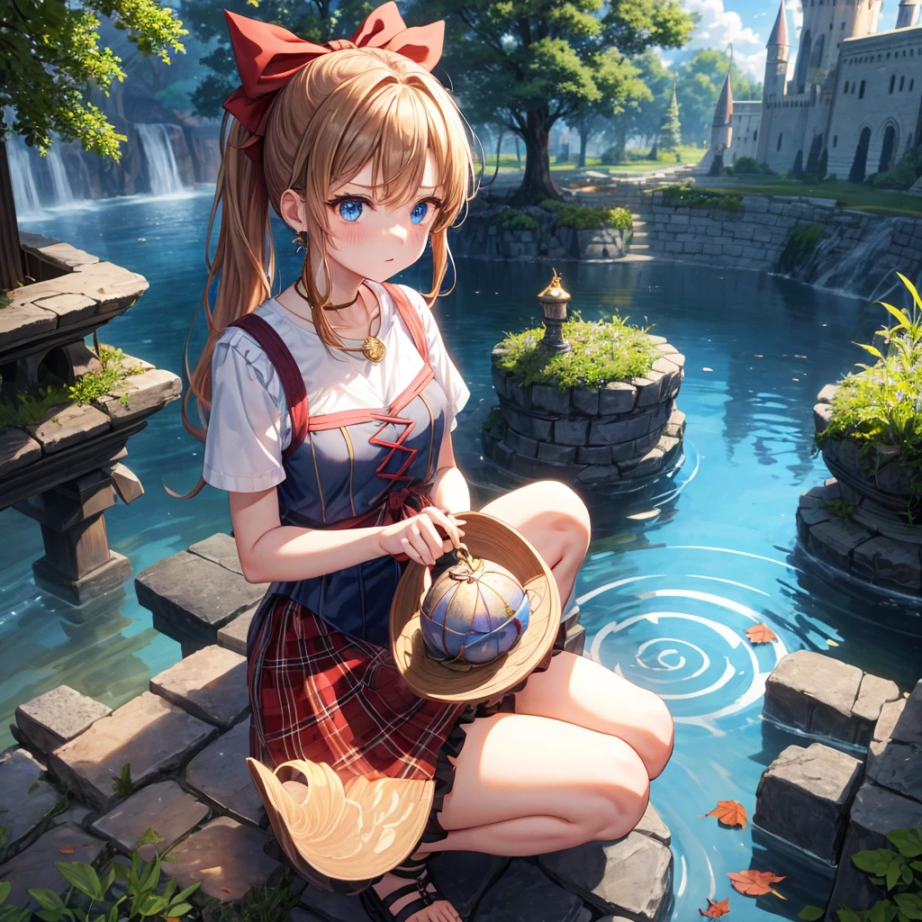 reddish-brown blonde、blue hair、blue eyes、ponytail、one good looking girl、solo、anime、Plaid miniskirt、camisole、squatting down、black t-shirt、Tilting your face、Doing the ribbon、Ribbon at waist、sunset sky、broken stone steps、Remains、tunnel、Fallen leaves、Light and shadow、monster castle、One leg is raised、castle floating in the air、column、Jewelry box、flag、sparks fall、forest、Hand mirror、bondage、tall grass grows、cloak、circular cobblestone、the ground is cracked、aquarium、Vortex of Light、looking down、Fairies are flying