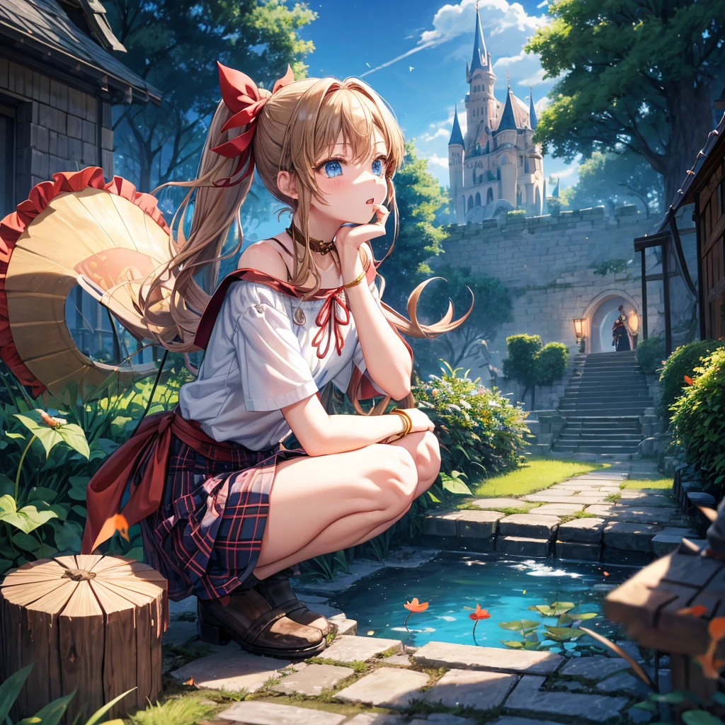 reddish-brown blonde、blue hair、blue eyes、ponytail、one good looking girl、solo、anime、Plaid miniskirt、camisole、squatting down、black t-shirt、Tilting your face、Doing the ribbon、Ribbon at waist、sunset sky、broken stone steps、Remains、tunnel、Fallen leaves、Light and shadow、monster castle、One leg is raised、castle floating in the air、column、Jewelry box、flag、sparks fall、forest、Hand mirror、bondage、tall grass grows、cloak、circular cobblestone、the ground is cracked、aquarium、Vortex of Light、looking down、Fairies are flying