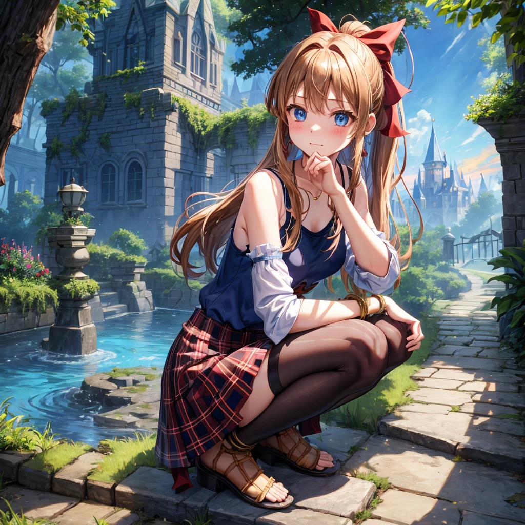 reddish-brown blonde、blue hair、blue eyes、ponytail、one good looking girl、solo、anime、Plaid miniskirt、camisole、squatting down、black t-shirt、Tilting your face、Doing the ribbon、Ribbon at waist、sunset sky、broken stone steps、Remains、tunnel、Fallen leaves、Light and shadow、monster castle、One leg is raised、castle floating in the air、column、Jewelry box、flag、sparks fall、forest、Hand mirror、bondage、tall grass grows、cloak、circular cobblestone、the ground is cracked、aquarium、Vortex of Light、looking down、Fairies are flying