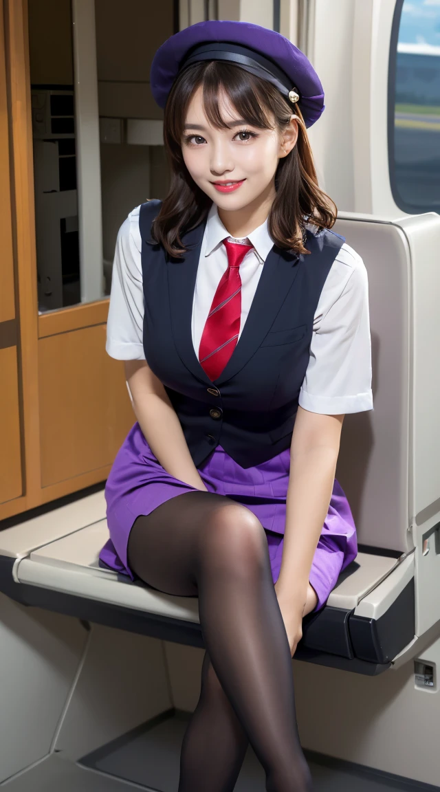 (((full body,including legs、sitting down,opened legs apart)))、(((perfect uniform of Japanese stewardess, perple uniform,necktie, purple vest-dress uniform、purple small hat, (black high-heel),  little smile,white blouse,tight blouse、purple tight skirt))), white gloves, short gloves,  high heel、Dressed up、(Photo real:1.4)、(A hyper-realistic:1.4)、(Photorealistic:1.3)、 (gentle lighting: 1.05)、(Improve the lighting quality of your video:0.9)、32k、 1Girl、28years old girl、photorealistic lighting、Back lighting、Facial Lights、Ray Trace、(bright:1.2)、(Increase quality:1.4)、 (best quality real texture skin)、Fair eyes,Delicate and delicate face, Close-up of the breasts, white blouse,tight blouse,tight jump-skirt , (Bodyline mood improvement:1.1)、Glossy skin、wavy hair,blonde hair,韓国アイドル、乃木坂アイドル、Sculptural Idol Pose、little smile,blush,Beautiful actress、Neat woman,whole body, (((midium breasts,beautiful breasts))),(perfect row of teeth),slender waist and hip,beautiful long legull shot)、((8heads tall)、(((誘惑している、恥ずかしい)))、dynamic pose,gravure pose,(eye shadow),((red cheek、red lips)),Super Clean Night View、night time、blush,little smile,(((full shot)))、(((in the air plane))),