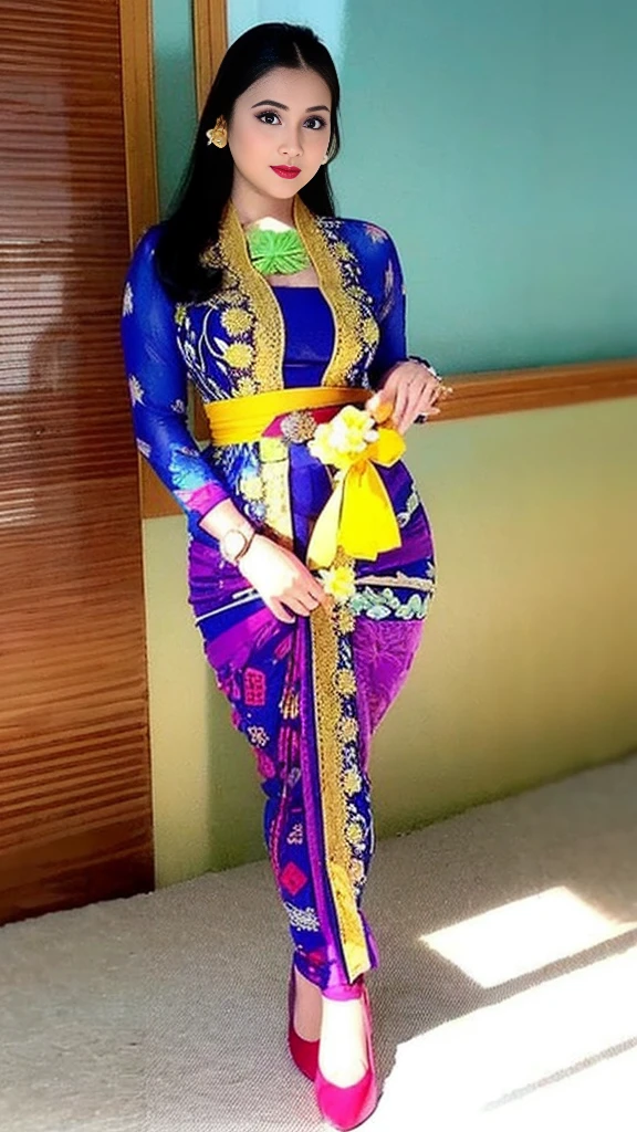 (8k, RAW photo, best quality, masterpiece:1.2),(Sharp Focus: 1.3),(Beautiful Woman with Perfect Figure: 1.4),woman, ((portrait of woman wearing ((blue_kebaya_bali)) in traditional black long kebaya)), red lipstick, gold necklace, earrings, decoration, detail, flowers, blurred background, soft focus,SFW:1.3),(Full Body:1.7),(cute face:1.3),(big breasts:1.5),(high heels:1.3),(big hips1.4), (big thighs:1.3),(covered breasts:1.3),(bust cleavage:1.1),(lipgloss:1.3),(Cute eyes:1.3),(Red lips:1.3),(Smooth skin texture:1.3),( Precise and perfect human anatomy: 1.3),(Beautiful and perfect facial features: 1.3), (Long eyelashes: 1.3),(Red lips: 1.3),(Shiny and textured lips: 1.3),(Smooth skin texture: 1.3),(earrings: 1.3),(Beautiful detailed eyes: 1.3),(Natural Color Lips: 1.3),(Beautiful face: 1.3),(look straight into the camera:1.3),((kebaya_bali,green_kebaya_bali,orange_kebaya_bali,blue_kebaya_bali,blue_kebaya_bali,black_kebaya_bali,white_kebaya_bali,yellow_kebaya_bali,white flower,black flower)),Rim Lighting, Rim Light, Natural Lighting, Sunlight, Volumetric Lighting, Volumetric Light, Volumetric,