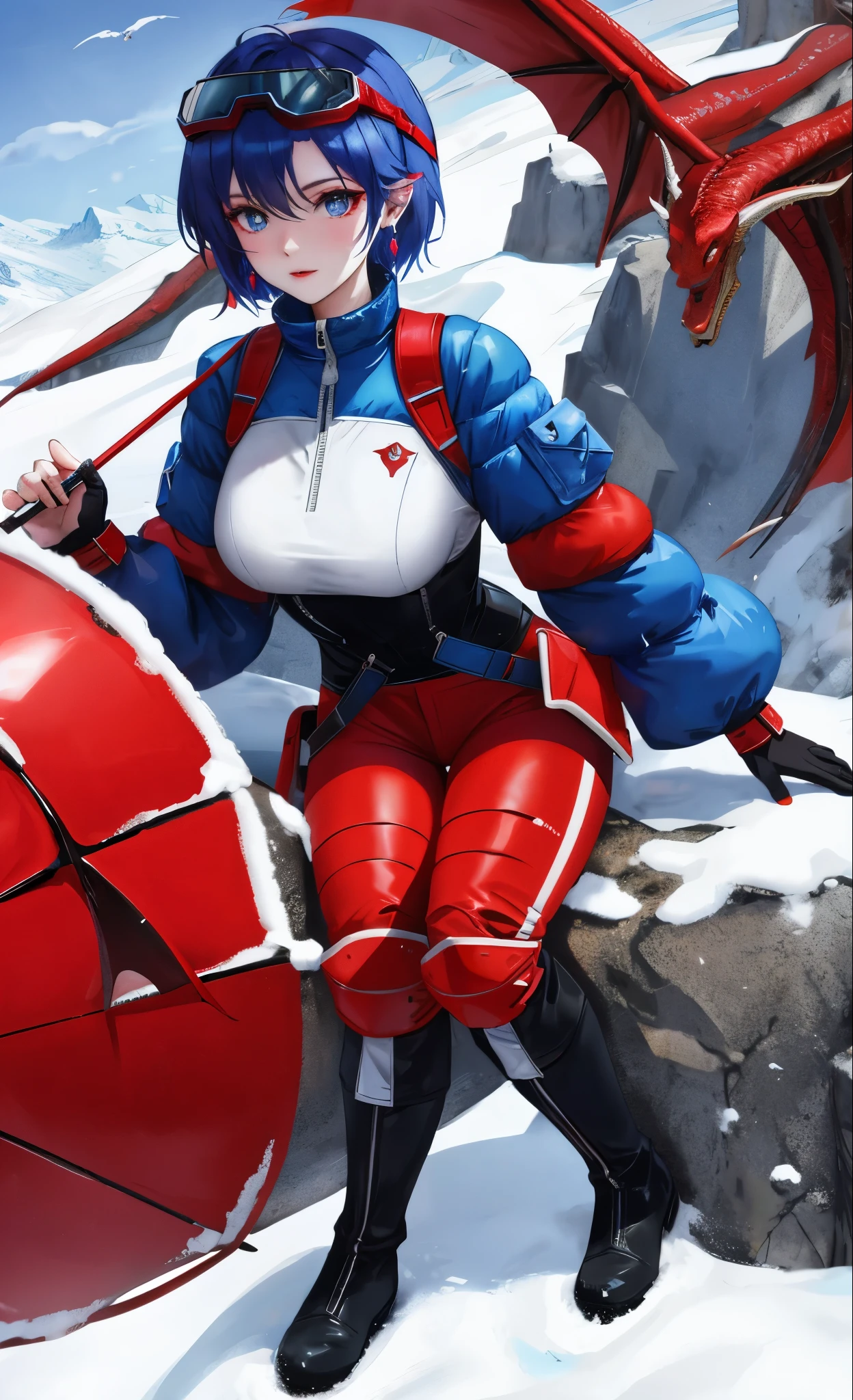 Blue and red super short hair,close up,dream world,Dragon royal sister,dragon lady,Red and blue short hair,beautiful eyes,snow mountain tundra,polar bay,earrings,(goggles,Tight protective clothing),humanoid, polar tundra background,Explorer, her skin is white, fair complexion,(adventure tights,Tight pants,A pair of dragon horns and wings),boots,leather boots,