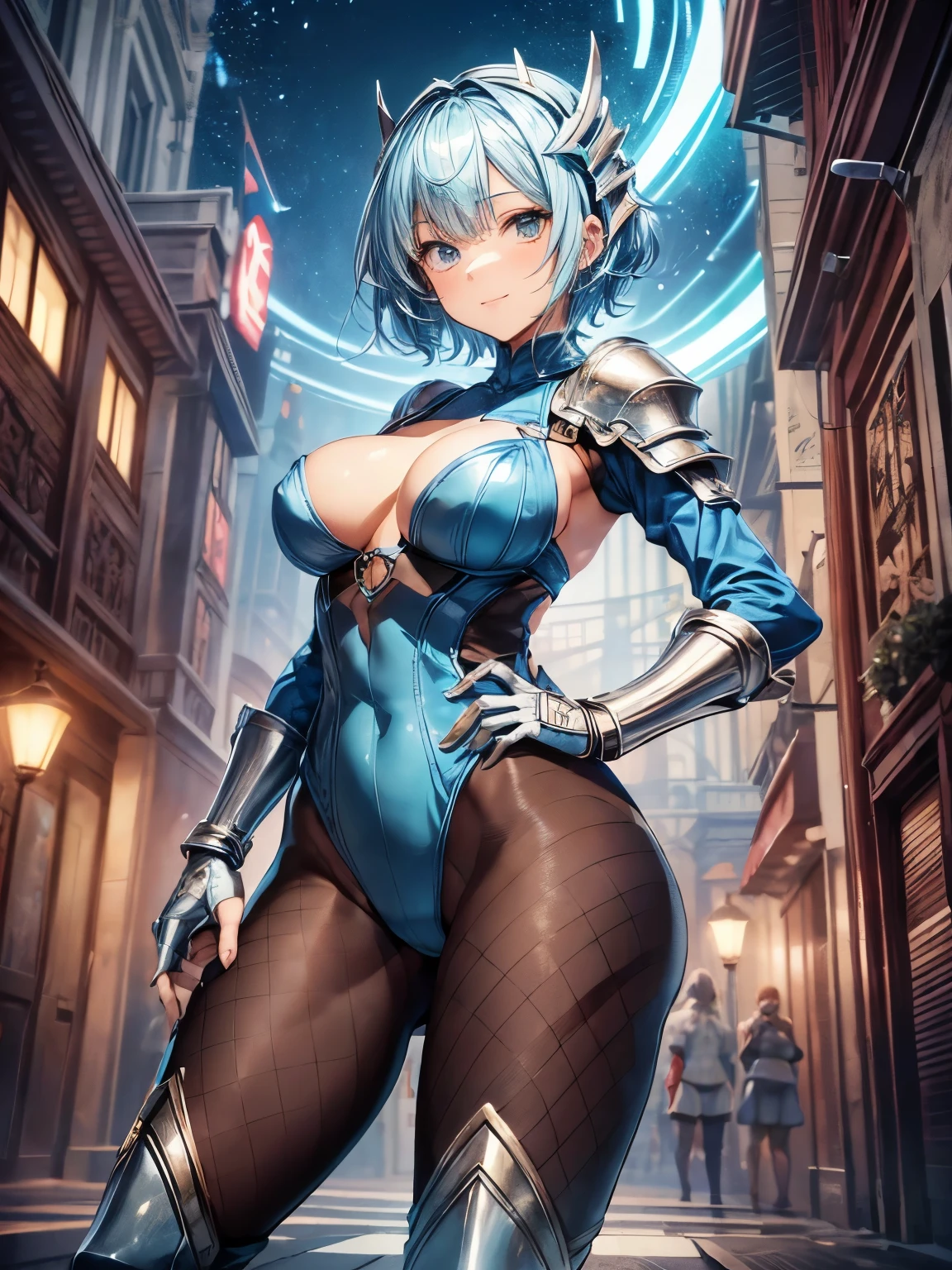 highest quality、complete limbs、full finger、((Woman with light blue hair))、((Very Shorthair Woman))、Beauty busty woman:1.3、female knight、((full armor))、(((Light blue high-neck leotard:1.3)))、big smile、(((woman wearing brown tights:1.3)))、castle town、((hands on hips))、sexy pose