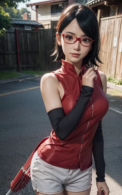 1girl, sarada uchiha in anime boruto, short hair, black hair, red eyes, smile, beautiful, sexy dress, sexy clothes, red clothes, wear red glasses, very big breast, realistic clothes, detail clothes, outdoor background, ultra detail, realistic photo :4K delicate facial features, 18 year old girl, Uchiha Sarada, anime character transformed into a realistic character, with detailed, beautiful and cute face, red filtered eyes, black hair, short hairstyle, bangs sweeping to the left, wearing a ninja head tie from konoha , expression
thin sweet smile, thin cheeks, sharp chin, red glasses, tentom shirt design, livis shorts, perfect model, large/medium breasts, free style, high resolution, detailed illustrations, very realistic background, white glowing skin, very detailed face perfect