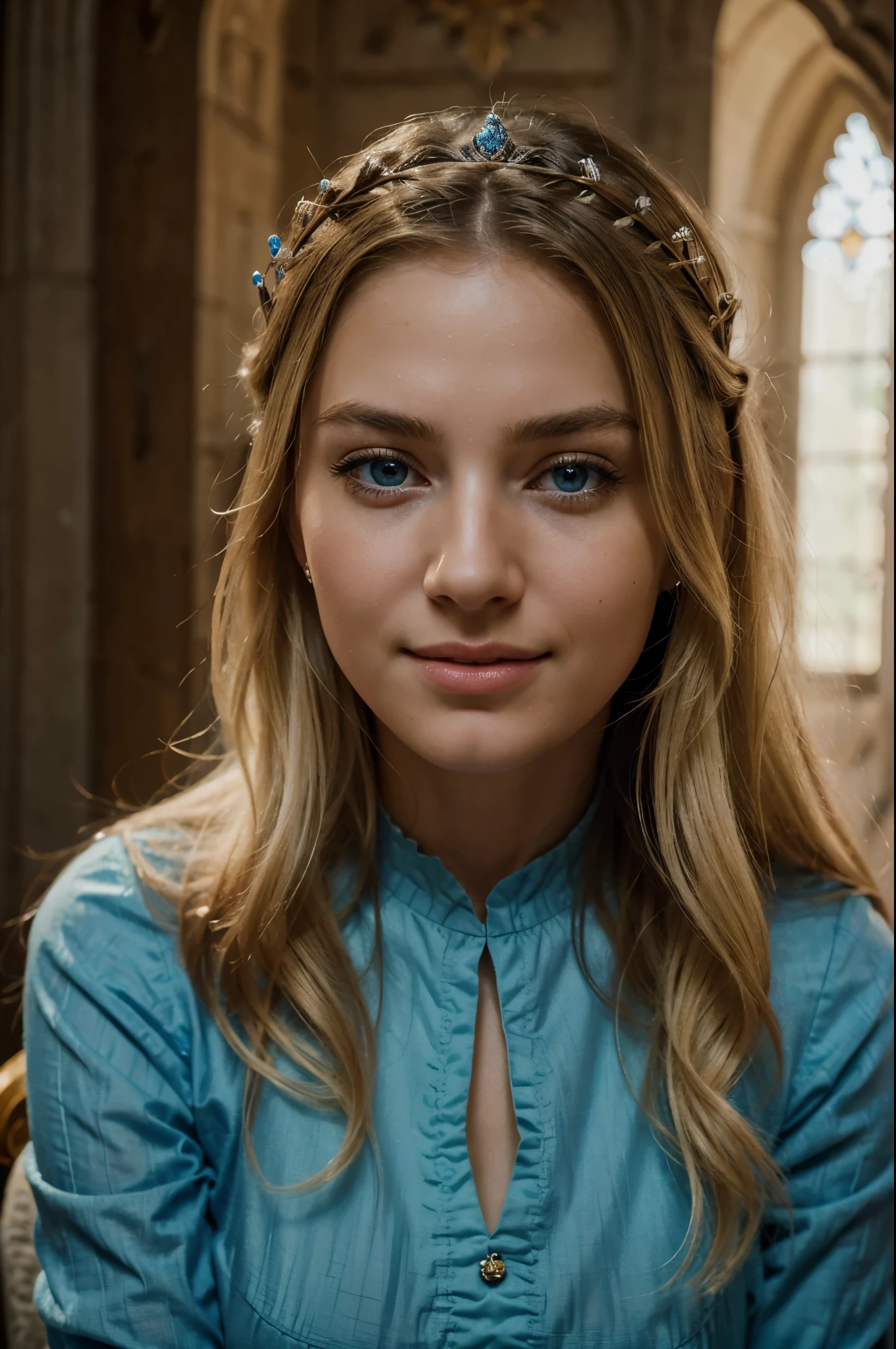 RAW, photograph,((best quality)), ((masterpiece)), ((realistic)), gorgeous european woman, 24 year old, (long blonde hair), blue eyes, wearing dress, tiara in hair, sitting in medieval castle, on throne, being a queen, happy face, smiling, innocent, (freckles:0.6), intricate details, highly detailed, sharp focus, professional, 4k, god rays, stunning blue eyes, delicate, innocent, highres, detailed facial features, high detail, sharp focus, smooth, aesthetic, extremely detailed, photo_\(ultra\), photorealistic, realistic, post-processing, max detail, roughness, real life, ultra realistic, photorealism, photography, 8k uhd, photography, SEMI-SILHOUETTE light, european face, instagram, viral instragram photo