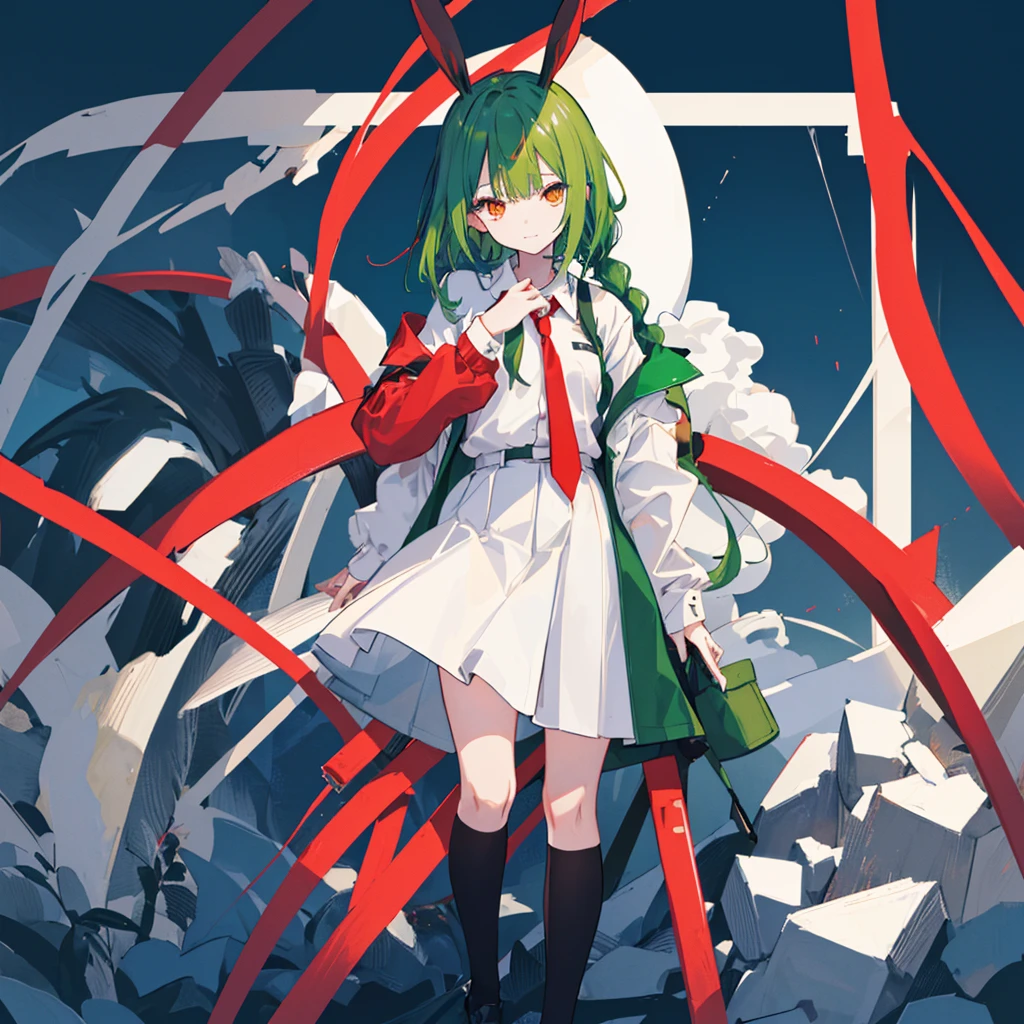 standing , full body , toe、Standing picture、1 girl, solo, , ,(night_sky porn), (very_length_green_hair), Braid, (red_eye), Moderate_chest, (white_shirt:1.5), (windbreaker), (Portrait), fiery_eye, ((masterpiece)), (high resolution), (Highest_quality), (very_be familiar with), (original),(very詳細な 8K 壁紙),, with shadow_face, beautiful_be familiar with_eye, depth_inside_field、perspective、