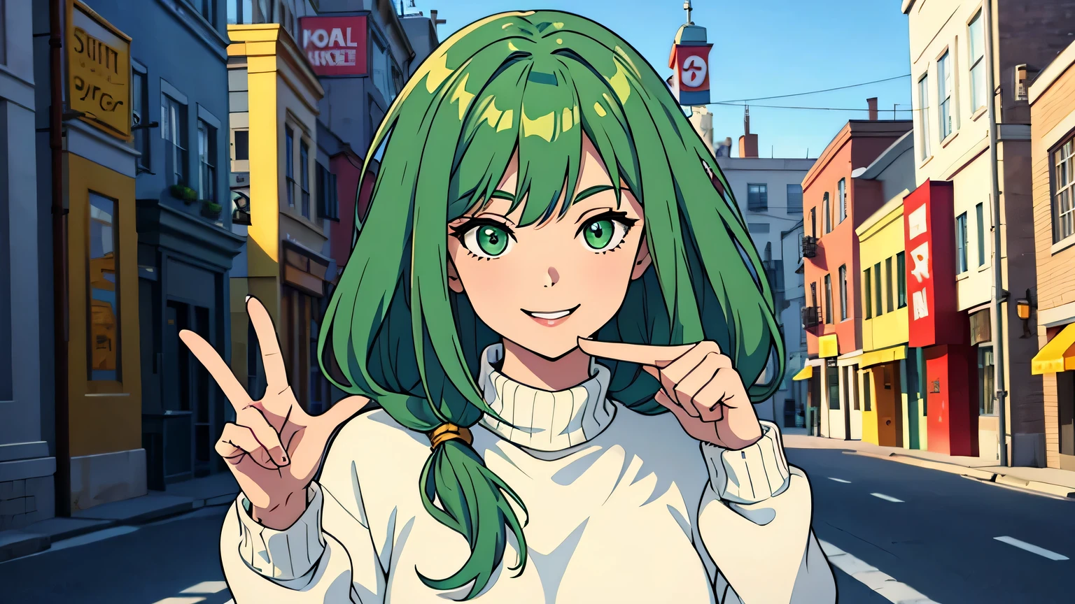 girl, wolf cut, green hair, wearing sweater, making peace sign, smiling, one eye close, slightly tilted head, at the street, 5pm, golden hour, white sweater, cute, beautiful, green eyes, 8k , hd, highly detailed