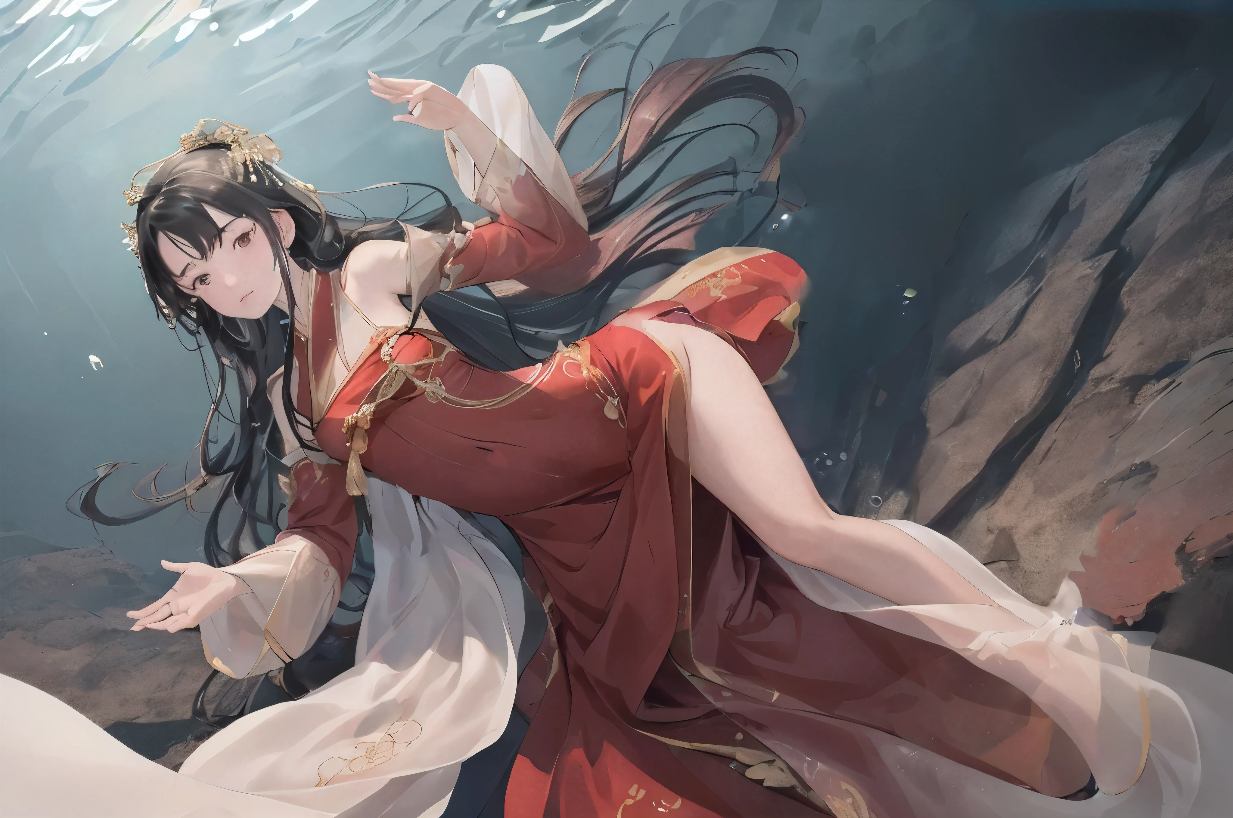 (masterpiece, best quality,Detailed face,dramatic_angle), one wearing red clothes、girl with long flowing hair, Inspired by the character Murong Yanling, Queen of the Sea. She floats under the deep sea, wearing a traditional Chinese Hanfu. Her hair flows gracefully as she floats, (hair between eyes,thick hair),her robe billowed around her. The work was created by the talented artist Yang Jie. The scene is set in a fantasy world, The girl floated in midair, strike an elegant pose. The artwork shows a full body view of the girl, Capture her fairy charm. The girl has a cute and lazy temperament like a princess, Get inspired by the artwork of Artgerm and Atey Ghailan. The color palette is rich and vibrant, A mix of dark tones and soft pastels. The lighting is very atmospheric, Cast a soft glow on the scene, Highlight girls&#39;functionality and add depth to the artwork. The overall quality of the images is top-notch, Featuring ultra-fine details and photorealistic rendering. The artwork is a masterpiece, The resolution is 4K or 8K, Ensure every brushstroke and texture is meticulously captured,(Tyndall effect,bloom)