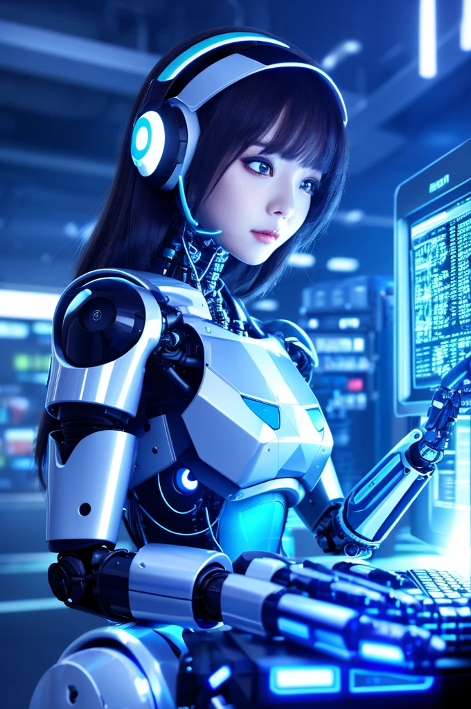 Robot girl working on a computer cute Blue image anime