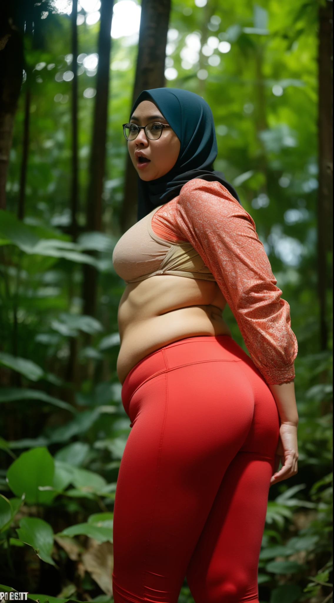 (G-STRING), (Anger), "Oki Setiana Dewi", "Spectacles ", ("Hijab Naked"), Chubby Wearing Lace Bra & Short Hairy Pussy, "Facial expression in anger", "FLUORESCENT Blue", "Red Lips", "Bokeh" My ass is huge Being in the forest