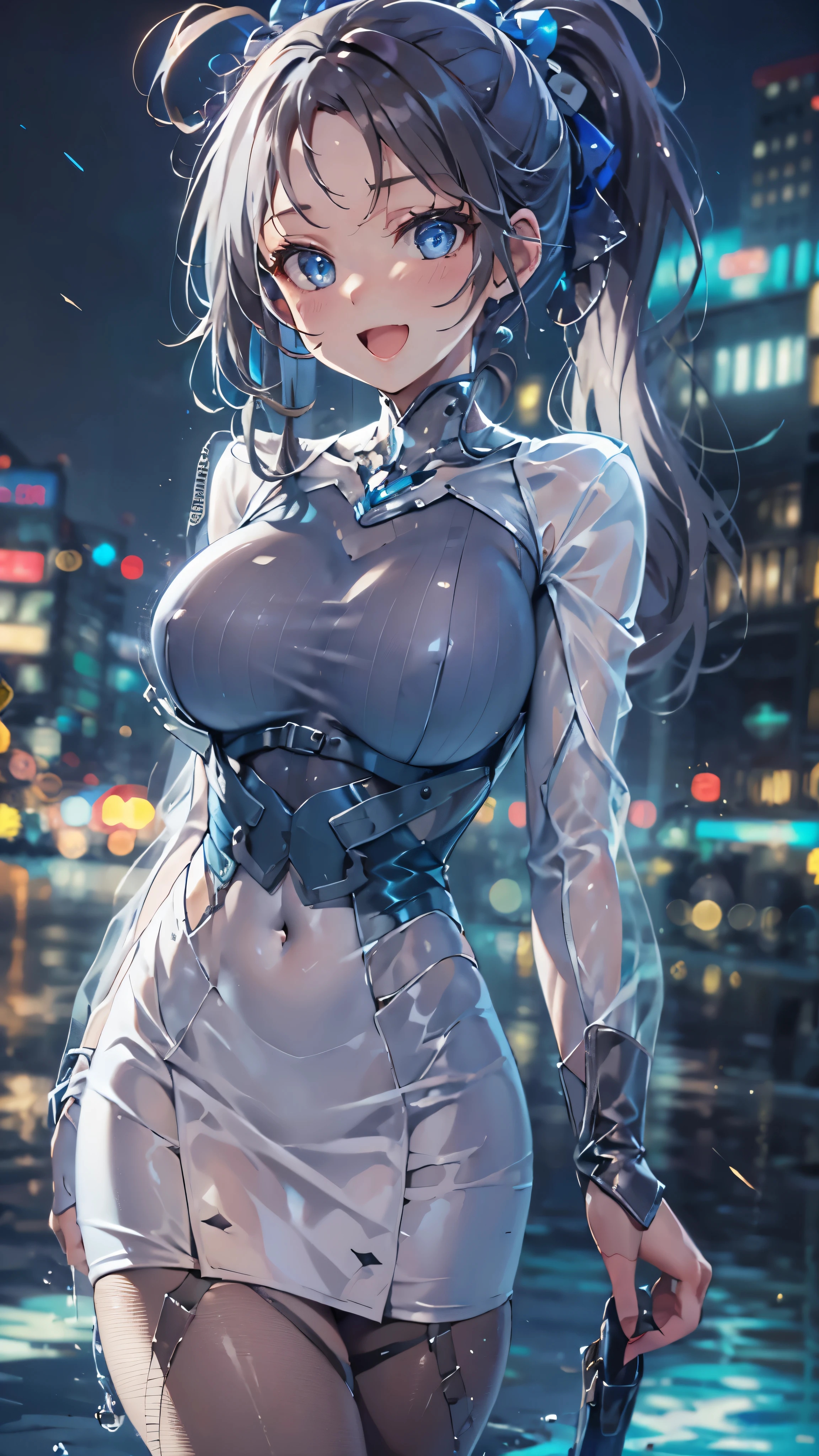 woman,,,city,night,(((white and blue tight miniskirt bodysuit))),,open mouth smile((See-through))Glasses,((Beautiful long ponytail)),((baby girl bohape))