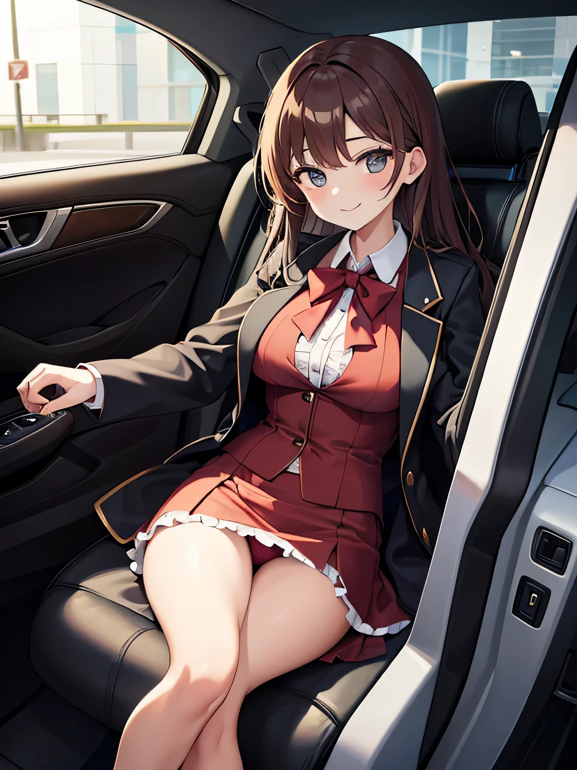 (1) A woman is about to get out of the driver's seat of a luxury sports car.. from a sitting position, she opens the door and puts one foot out. when she does, her red panties are almost visible.
(2) That woman has long brown hair..
(3) That woman is the president of the company、wearing expensive clothes。, A fancy skirt and jacket set-up suit with a frilled shirt as an inner layer..
(4) she is smiling.
(5) The location is an underground parking lot of a luxury condominium..