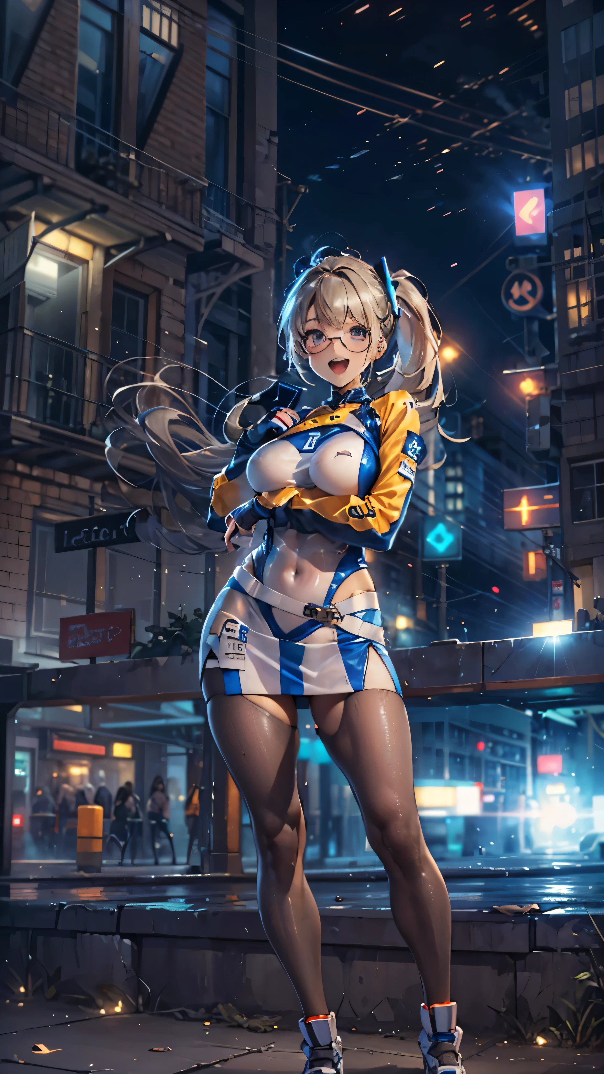 woman,,,city,night,(((white and blue tight miniskirt bodysuit))),,open mouth smile((See-through))Glasses,((Beautiful long ponytail)),((baby girl bohape))((blonde))