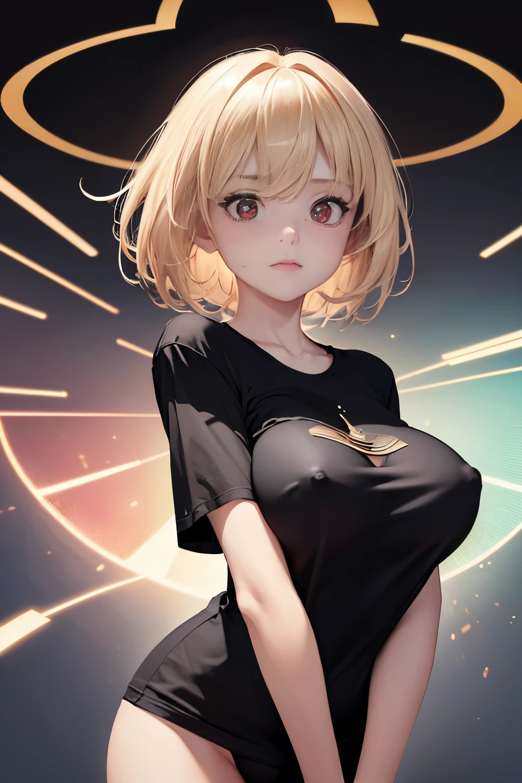 optimal,master piece,High resolution,best quality,hyper hd,super detail,award-winning,16K,solo,(Upper body),correct anatomy,Beautiful Cyberpunk Girl,cowboy shot、cute face,,blonde、bob cut、Red ribbon hair ornament、hair line,((scarlet eyes)),long eyelashes,dangling corner of the eye,white skin,((Shoot from the front)), ((black t-shirt:1.5)), ((Clocktop:1.5)), ((big breasts)), ((transparent nipples))、rocket , (Because I'm slender),