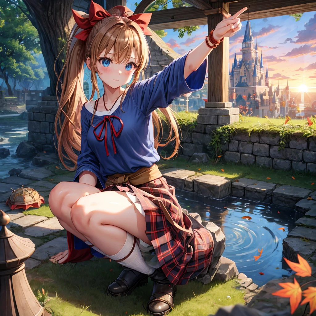 reddish-brown blonde、blue hair、blue eyes、ponytail、one good looking girl、solo、anime、Plaid miniskirt、camisole、squatting down、black t-shirt、Tilting your face、Doing the ribbon、Ribbon at waist、sunset sky、broken stone steps、Remains、tunnel、Fallen leaves、Light and shadow、monster castle、One leg is raised、castle floating in the air、column、Jewelry box、flag、sparks fall、forest、Hand mirror、bondage、tall grass grows、cloak、circular cobblestone、the ground is cracked、aquarium、Vortex of Light、looking down、Fairies are flying