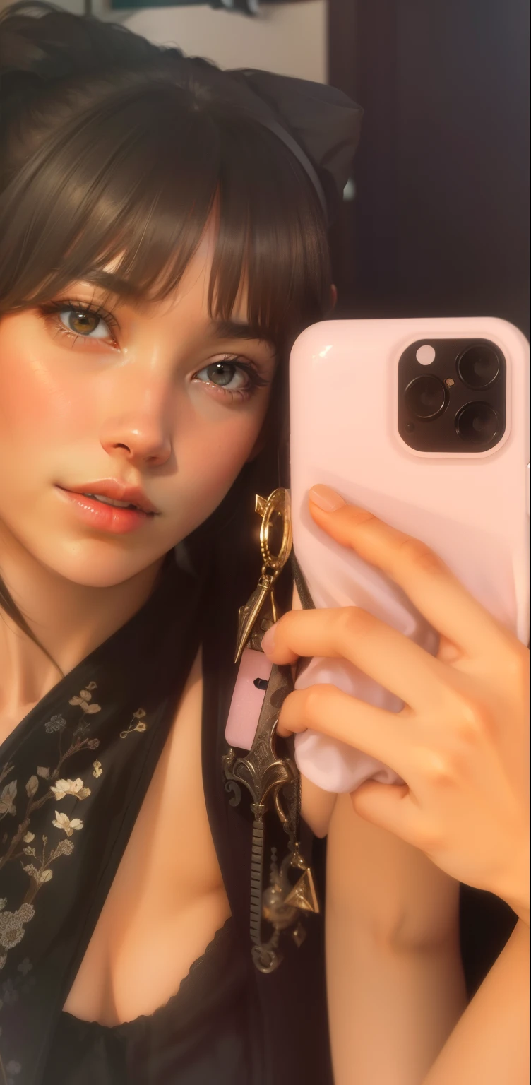 Beautiful girl, realistic,cuteness,8k pic, Holding a smartphone, clear skin, Very realistic