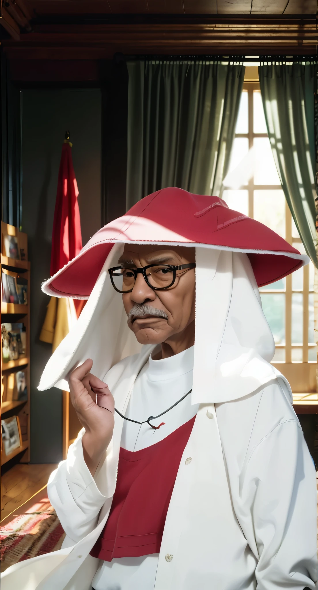 Real life adaption of this character, old man,wear realistic same outfit, wear same glasses, realistic same background,realism, hyper realistic, realistic light, realistic shadow,(photorealistic 1:2),same red hat