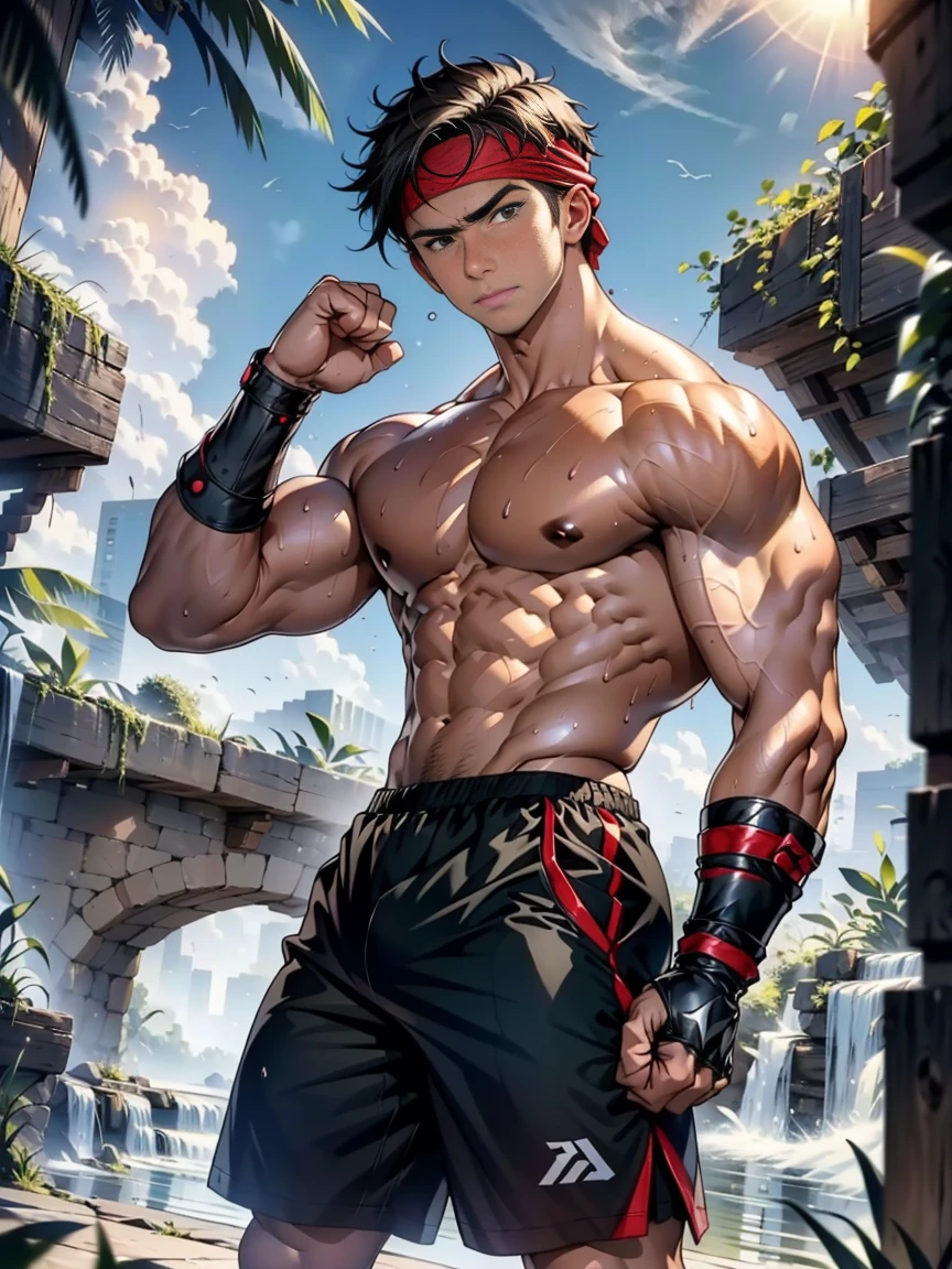 (Masterpiece, Best quality, 18 year old boy, 8k, ultra-detailed), (soulful eyes), (1 boy, solo), Young, (teenager), (Dark Short straight hair, under cut, brown eyes), Shirtless, topless, (Red headband, black shorts, black boot sandals, ((gauntlet))), (Depth of field:1.2), (Abs, chest, upper arms), (topless male), man with martial arts stance, athretic body, sweat, epic boxing pose