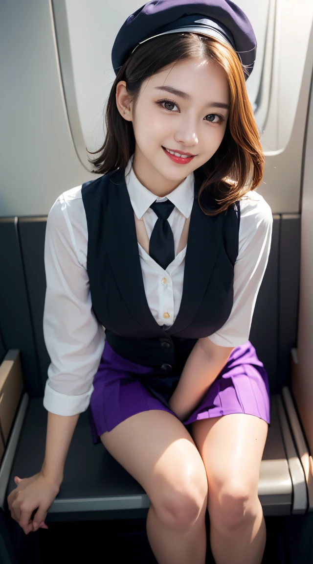 (((full body,including legs、sitting down,opened legs apart)))、(((perfect uniform of Japanese stewardess, perple uniform,necktie, purple vest-dress uniform、purple small hat, (black high-heel), little smile,white blouse,tight blouse、purple tight skirt))), white gloves, short gloves, high heel、transparant nipples,Dressed up、(Photo real:1.4)、(A hyper-realistic:1.4)、(Photorealistic:1.3)、 (gentle lighting: 1.05)、(Improve the lighting quality of your video:0.9)、32k、 1Girl、28years old girl、photorealistic lighting、Back lighting、Facial Lights、Ray Trace、(bright:1.2)、(Increase quality:1.4)、 (best quality real texture skin)、Fair eyes,Delicate and delicate face, Close-up of the breasts, white blouse,tight blouse,tight jump-skirt , (Bodyline mood improvement:1.1)、Glossy skin、wavy hair,blonde hair,韓国アイドル、乃木坂アイドル、Sculptural Idol Pose、little smile,blush,Beautiful actress、Neat woman,whole body, (((midium breasts,beautiful breasts))),(perfect row of teeth),slender waist and hip,beautiful long legull shot)、((8heads tall)、(((誘惑している、恥ずかしい)))、dynamic pose,gravure pose,(eye shadow),((red cheek、red lips)),Super Clean Night View、night time、blush,little smile,(((full shot)))、(((in the air plane))),