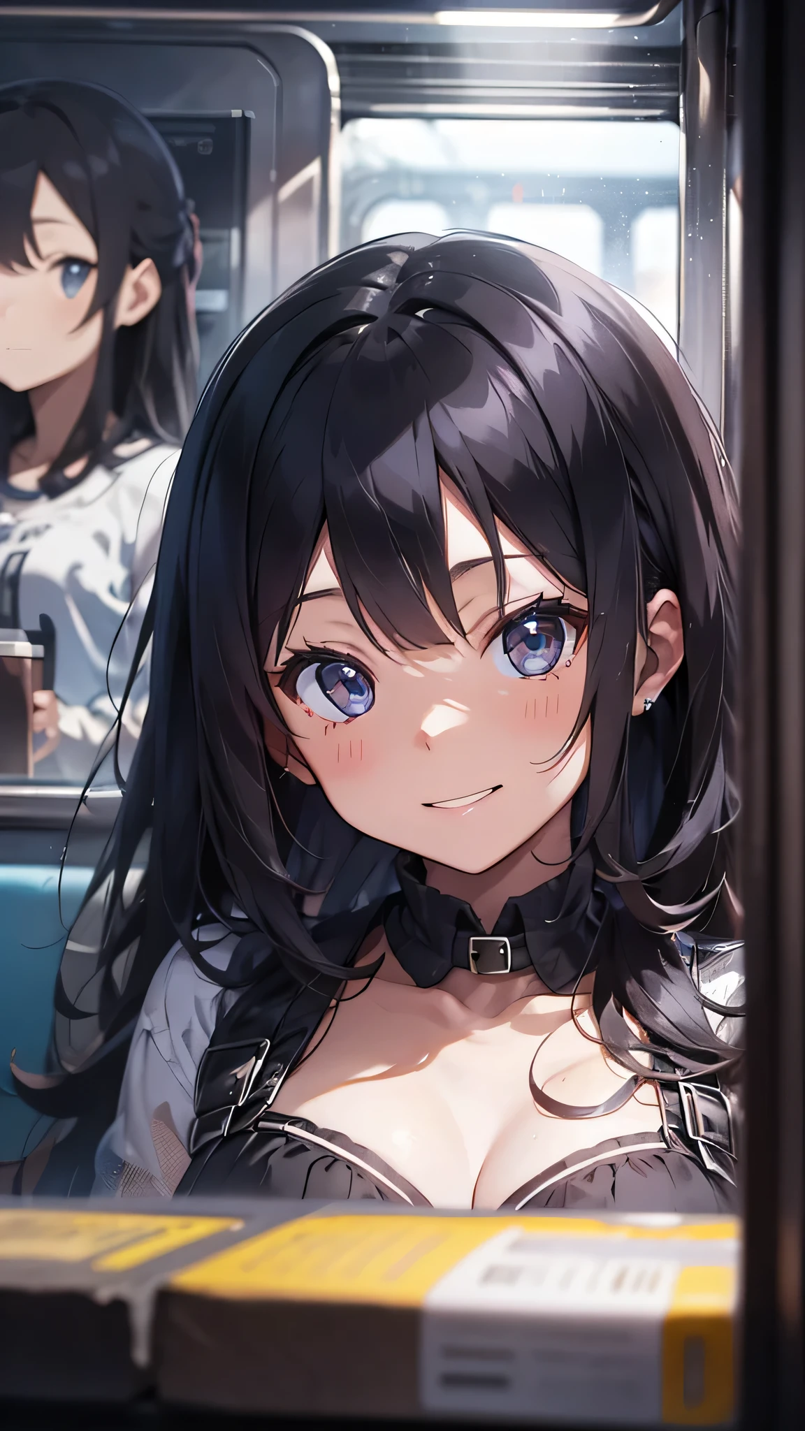 最high quality、best image quality、masterpiece、age girl((18-year-old、 By becoming、vest bust、medium bust,wide open breast tea、black eye, gray hair、long hair、thin,highest valley、Black Y-shirt、Black Recruit Suit,smile)),high quality、beautiful art、background((in the train))debris flies、Depth of written boundary、movie、visual art、perfect art、8K,genuine