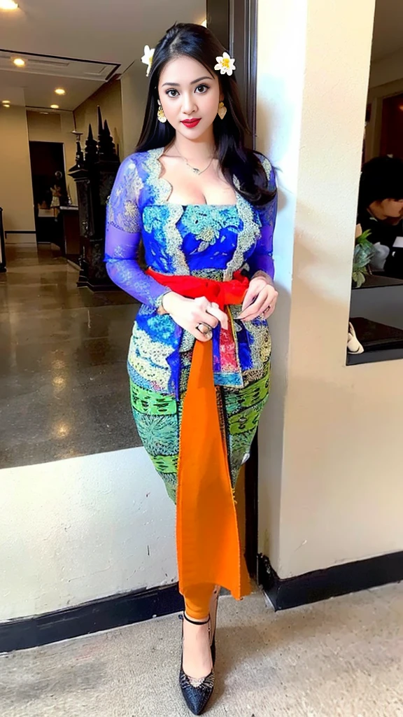 (8k, RAW photo, best quality, masterpiece:1.2),(Sharp Focus: 1.3),(Beautiful Woman with Perfect Figure: 1.4),woman, ((portrait of woman wearing ((blue_kebaya_bali)) in traditional black long kebaya)), red lipstick, gold necklace, earrings, decoration, detail, flowers, blurred background, soft focus,SFW:1.3),(Full Body:1.7),(cute face:1.3),(big breasts:1.5),(high heels:1.3),(big hips1.4), (big thighs:1.3),(covered breasts:1.3),(bust cleavage:1.1),(lipgloss:1.3),(Cute eyes:1.3),(Red lips:1.3),(Smooth skin texture:1.3),( Precise and perfect human anatomy: 1.3),(Beautiful and perfect facial features: 1.3), (Long eyelashes: 1.3),(Red lips: 1.3),(Shiny and textured lips: 1.3),(Smooth skin texture: 1.3),(earrings: 1.3),(Beautiful detailed eyes: 1.3),(Natural Color Lips: 1.3),(Beautiful face: 1.3),(look straight into the camera:1.3),((kebaya_bali,green_kebaya_bali,orange_kebaya_bali,blue_kebaya_bali,blue_kebaya_bali,black_kebaya_bali,white_kebaya_bali,yellow_kebaya_bali,white flower,black flower)),(Rim Lighting, Rim Light:1.2),(Natural Lighting:1.4)
