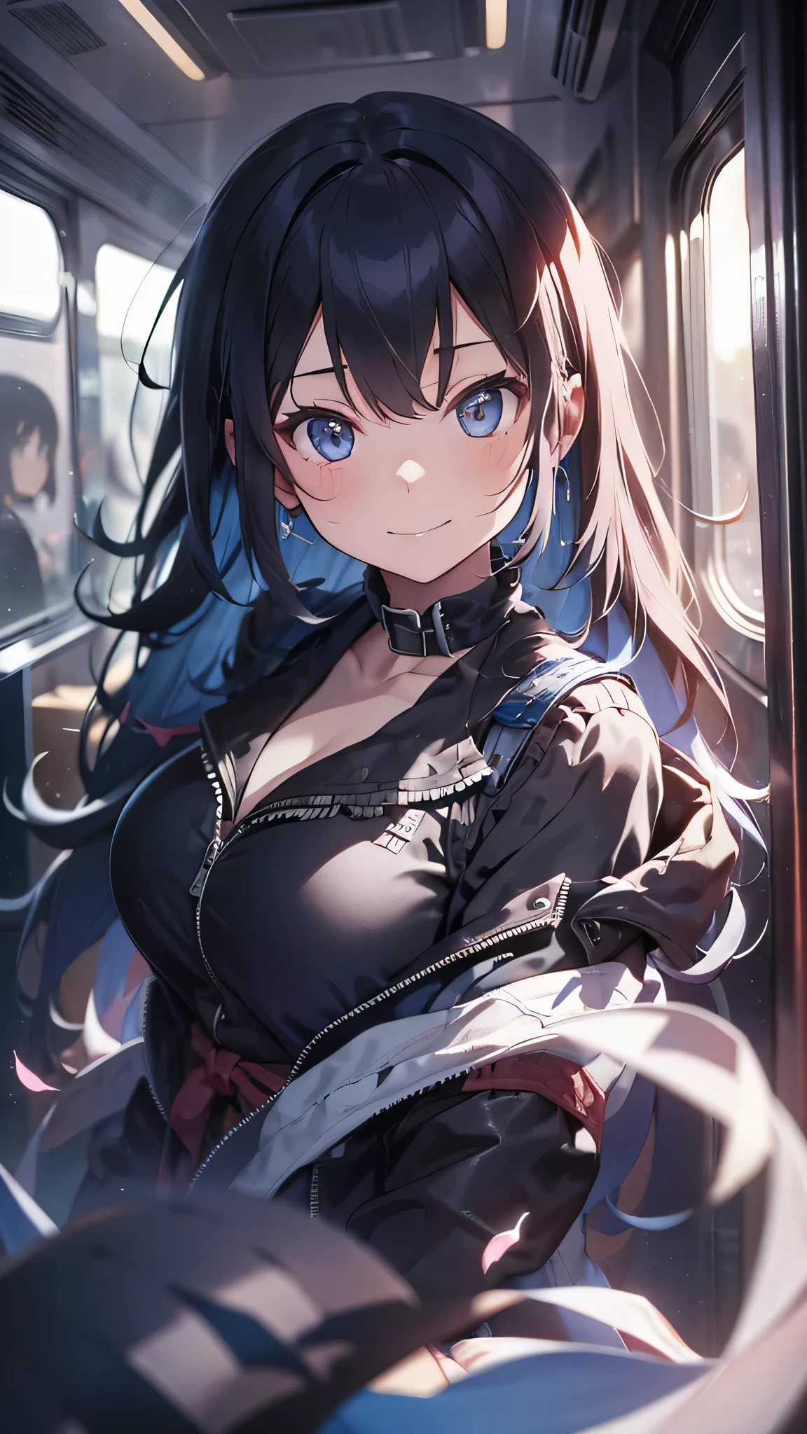 最high quality、best image quality、masterpiece、teenage girl((18-year-old、 By becoming、vest bust、medium bust,wide open breast tea、black eye, gray hair、long hair、thin,highest valley、Black Y-shirt、Black Recruit Suit,smile)),high quality、beautiful art、background((in the train))debris flies、Depth of written boundary、movie、visual art、perfect art、8K,genuine