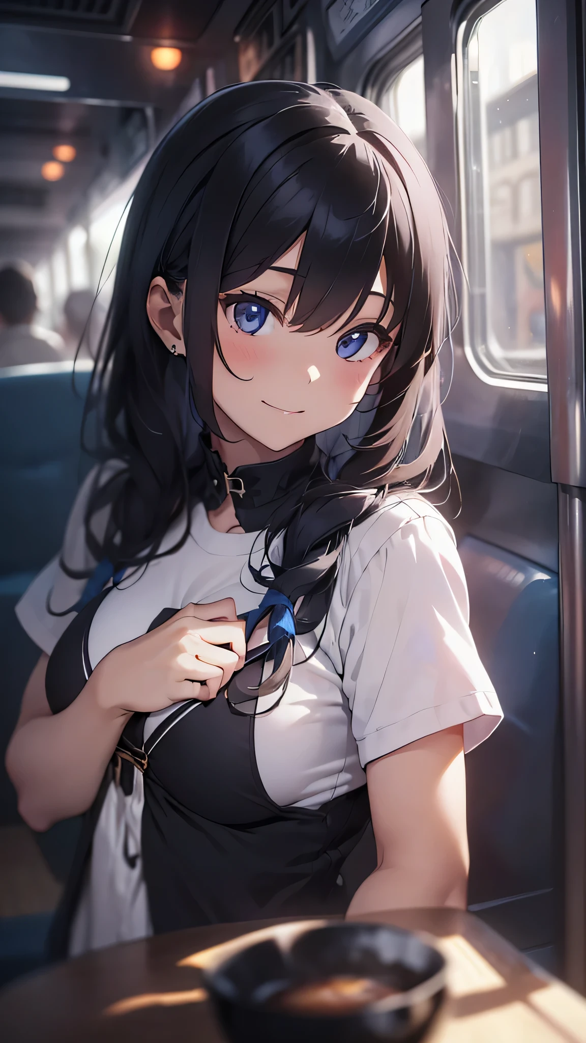最high quality、best image quality、masterpiece、teenage girl((18-year-old、 By becoming、vest bust、medium bust,wide open breast tea、black eye, gray hair、long hair、thin,highest valley、Black Y-shirt、Black Recruit Suit,smile)),high quality、beautiful art、background((in the train))debris flies、Depth of written boundary、movie、visual art、perfect art、8K,genuine