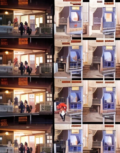 A page from a manga. With several panels that show the sequence of a woman who is fleeing from many zombies running down a street in a city the flames. The woman is young, 14 years old.. 
