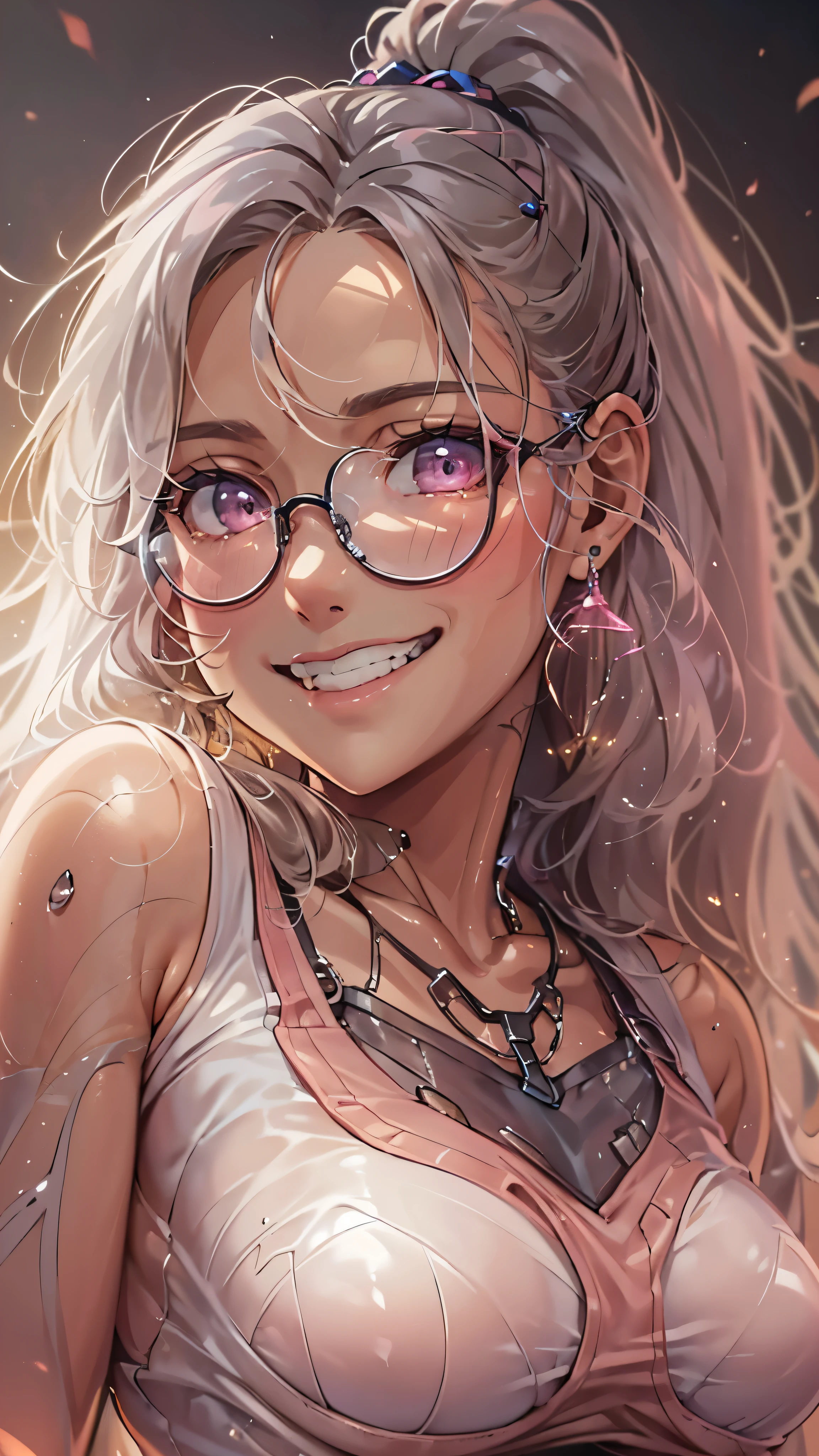 woman,,,city,night,(((white and pink tight miniskirt bodysuit))),,open mouth smile((See-through))Glasses,((Beautiful long ponytail)),((baby girl bohape))((blonde))