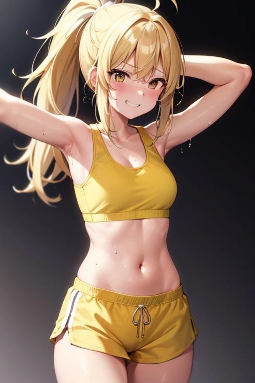 Marisa Kirisame, gym, yellow tank top, white shorts, sweat, high precision, highest quality, high image quality, pretty, cute, long blonde hair, yellow eyes, ponytail, small breasts, sweat dripping, showing teeth Laughing, training, exercise clothes, dynamism, white ribbon, holding one bar, exercise workout, sweating, carrying a barbell, grasping the bar with both hands, alone, squat,smile