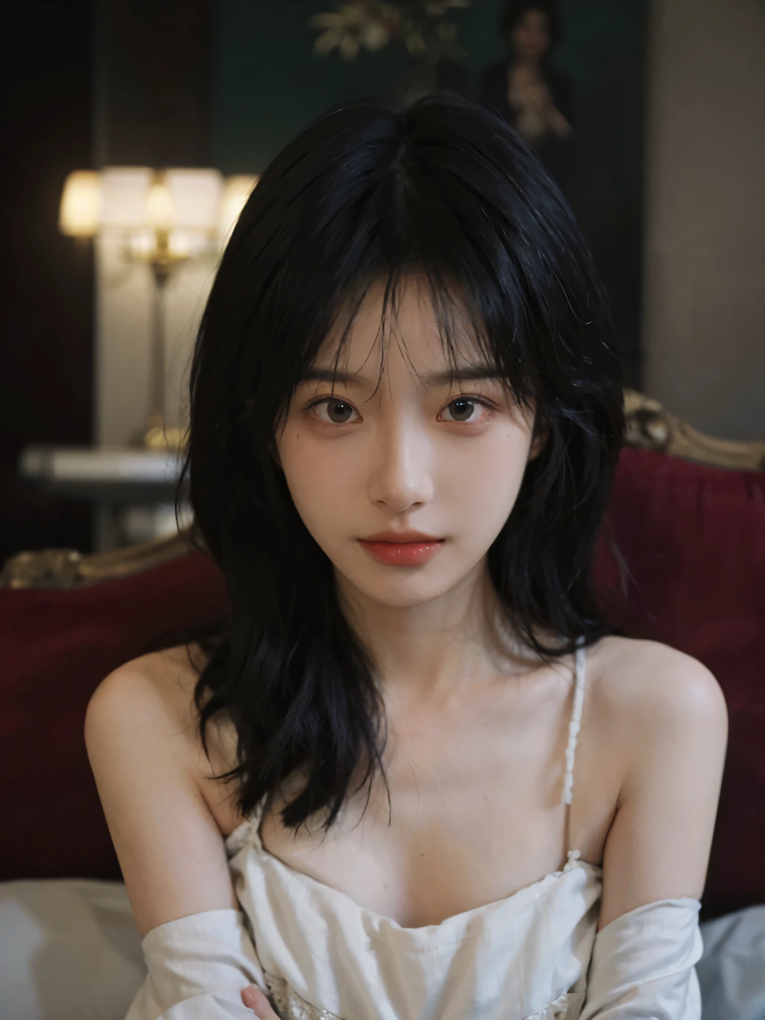 Film portrait photography, 1 girl, bare shoulders, Shoulder length wavy hair, serene, calm, (Realistic and detailed eyes, natural skin texture, Realistic facial details), Soft dramatic lighting, depth of field, Bokeh, Vibrant details, detailed meticulous, hyper-realistic, 35mm film, hazy, ,
