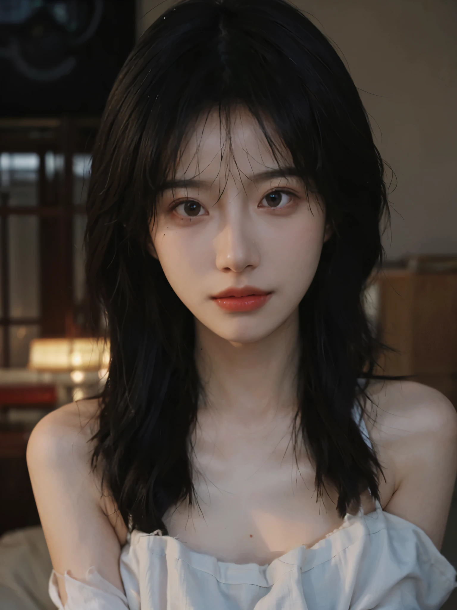 Film portrait photography, 1 girl, bare shoulders, Shoulder length wavy hair, serene, calm, (Realistic and detailed eyes, natural skin texture, Realistic facial details), Soft dramatic lighting, depth of field, Bokeh, Vibrant details, detailed meticulous, hyper-realistic, 35mm film, hazy, ,