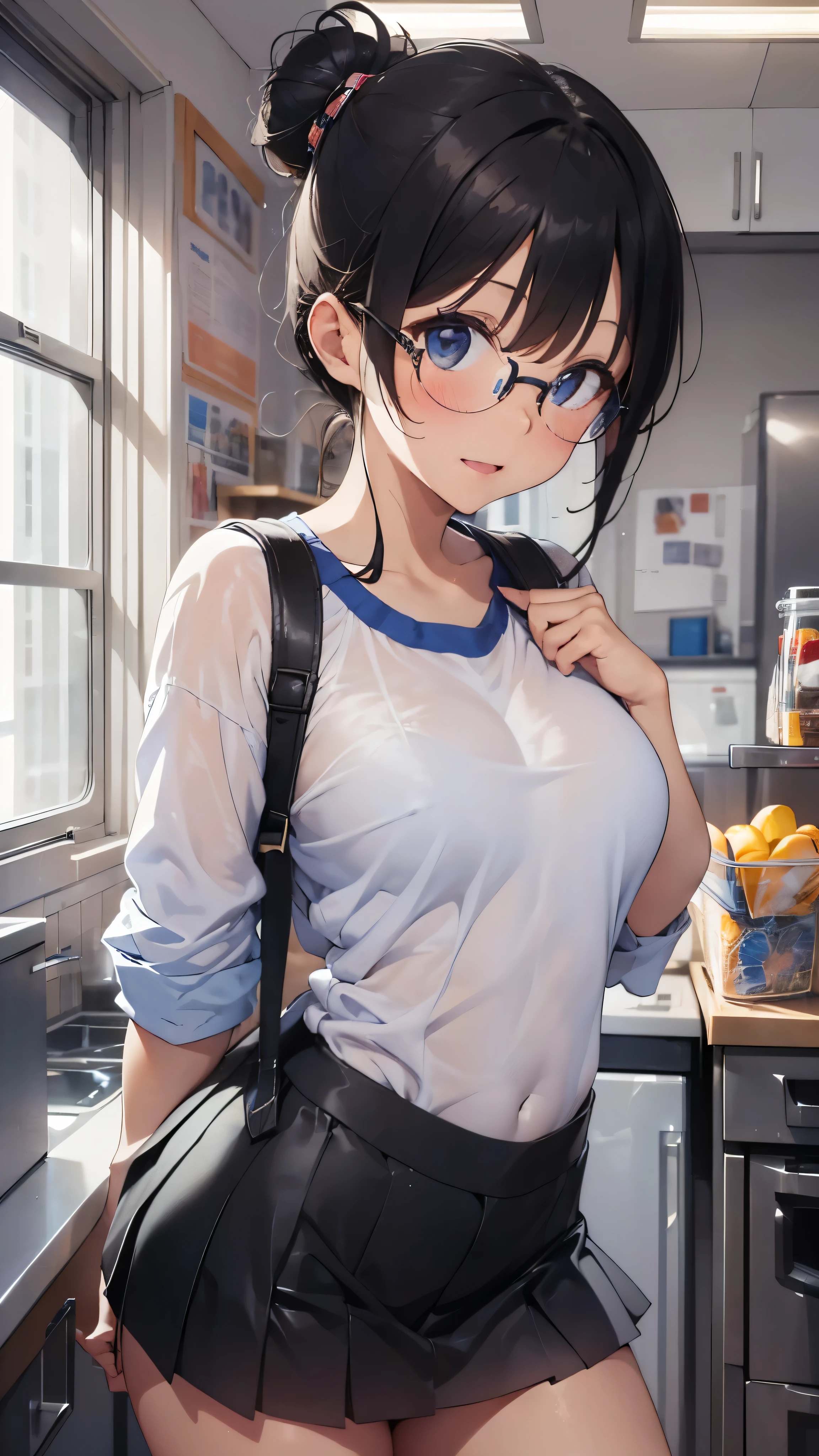 woman,,,city,night,(((white and blue tight miniskirt bodysuit))),,open mouth smile((See-through))(((Glasses))),((Beautiful long ponytail)),(()),blush、surprised face,((())),(())(((On the way to changing clothes)))(((While undressing)))