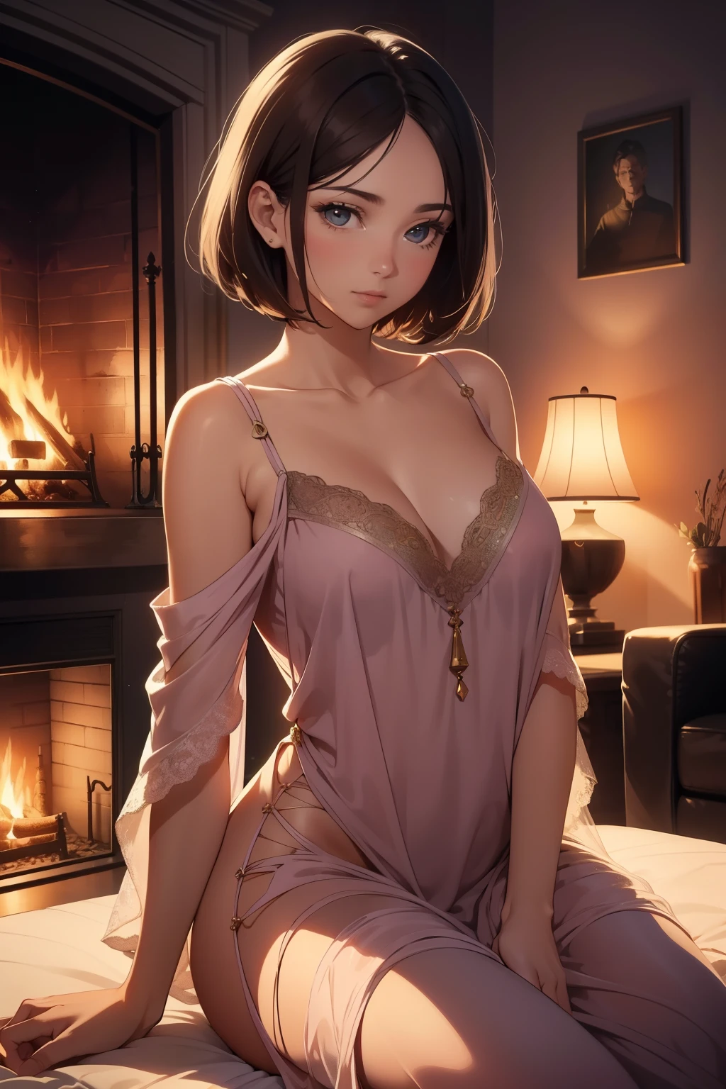 (A cinematic masterpiece of) a stunning brunette woman with short hair, fast asleep in front of a crackling fireplace, (with intricately detailed) facial features and (expressive) eyes, (dressed in a satin nightgown), in the cozy and warm surroundings of her elegant living room. The fireplace, casting a gentle (warm and inviting) glow, illuminates the woman's peaceful face and creates a sense of tranquility and comfort in the (High-definition 4K) image. The overall scene is filled with a sense of calm and relaxation, transporting the viewer into a serene and picturesque world.