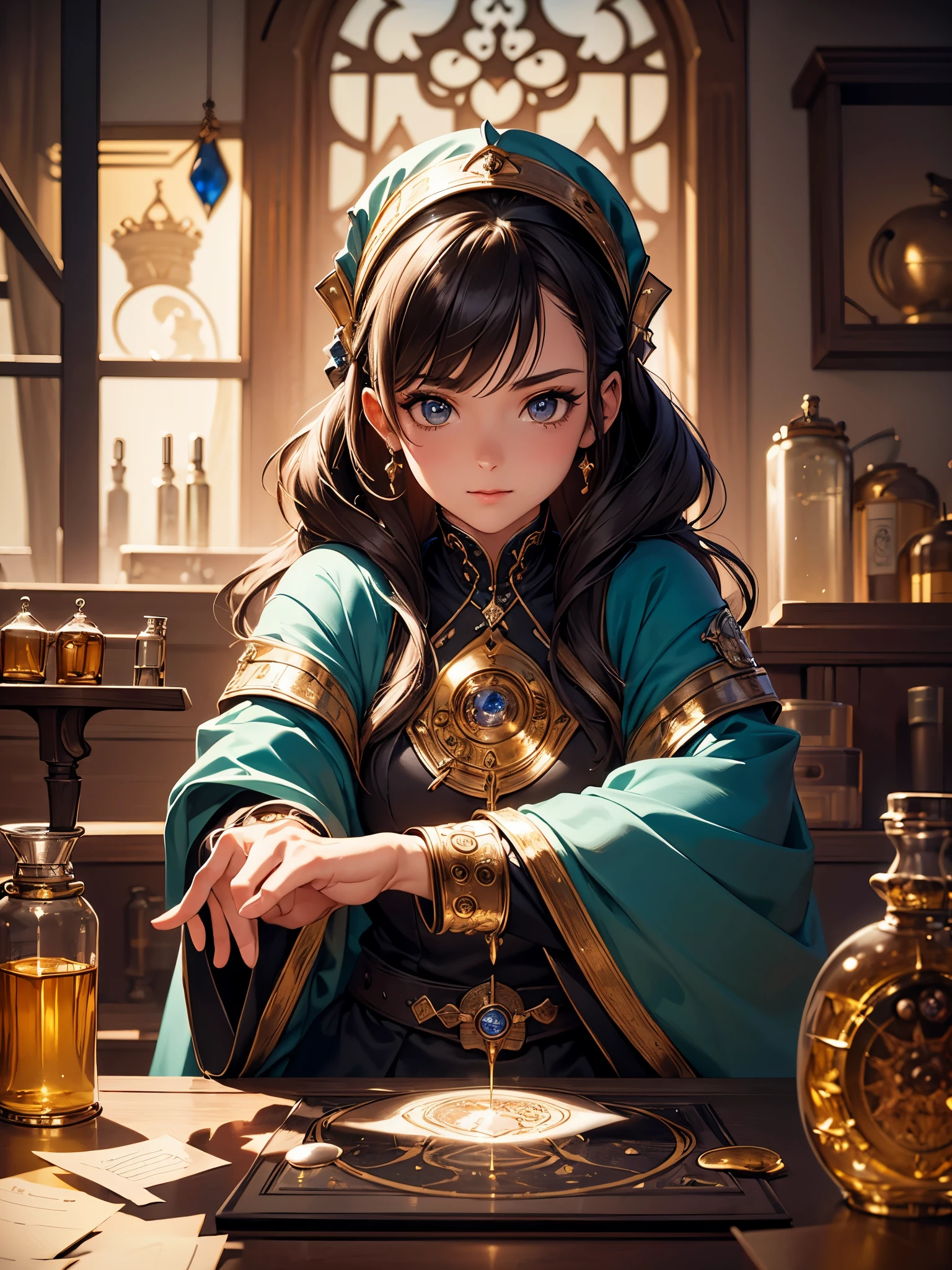 ((highest quality)),(ultra high resolution),(Super detailed),(detailed description),((best CG)),(best work of art),super precision art,great drawing art,(Fantasy art with precise details:1.5), (1 female alchemist:1.5)Female Alchemist:1.3,Intricately detailed robe:1.4,Beautiful face 1.5,natural makeup:1.6,troubled face:1.4, she is in the laboratory:1.5,Experimental tools scattered on the desk:1.5