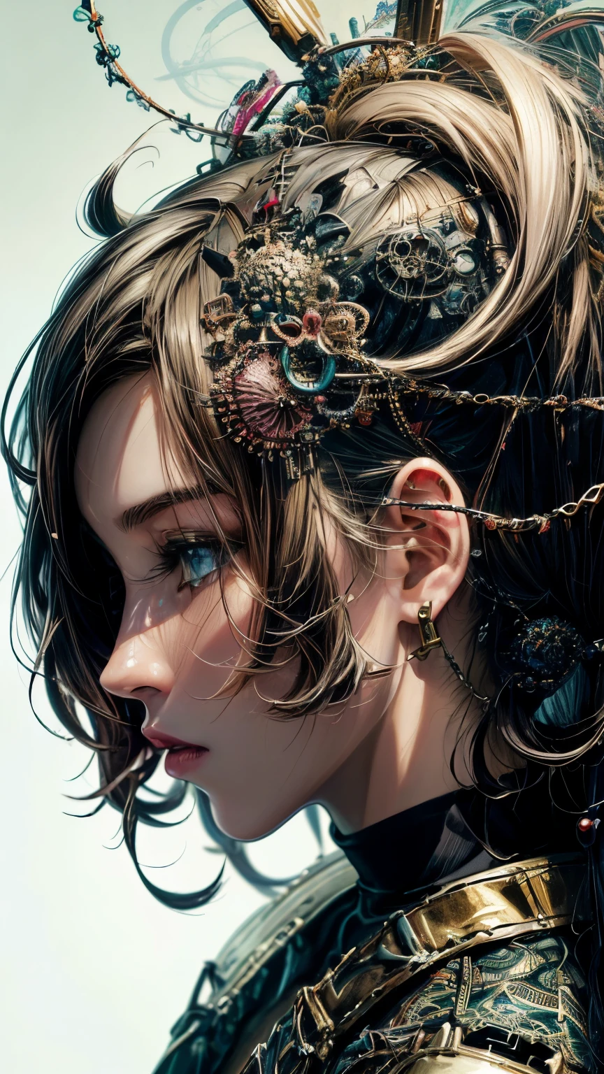 official art, unity 8k wallpaper, Super detailed, beautiful and aesthetic, masterpiece, highest quality, (zentangle, mandala, tangle, entangle), (fractal art:1.3) ,( 1 girl:1.4), very detailed, dynamic angle, cowboy shot, the most beautiful form of chaos, elegant, brutal designer, Bright colors, romanticism, Written by James Jean, robbie dowi antono, Ross Tran, francis bacon, Michael Mraz, Adrian's genius, Petra Cortright, Gerhard Richter, takato yamamoto, ashley wood, in the atmosphere, steampunk,gear